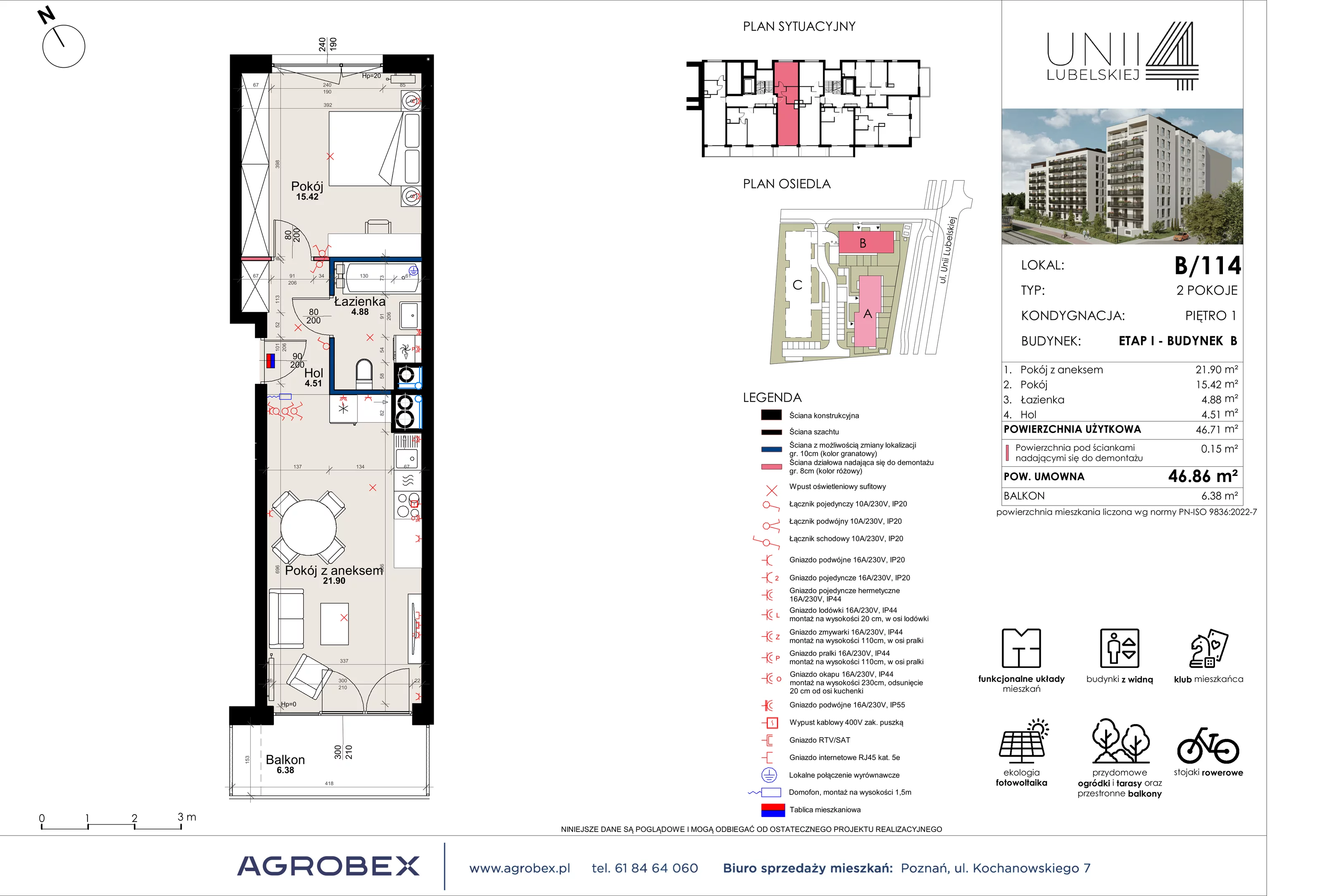 2 pokoje, mieszkanie 46,71 m², piętro 1, oferta nr B/114, Unii Lubelskiej 4 - etap B, Poznań, Nowe Miasto, Starołęka, ul. Unii Lubelskiej 4