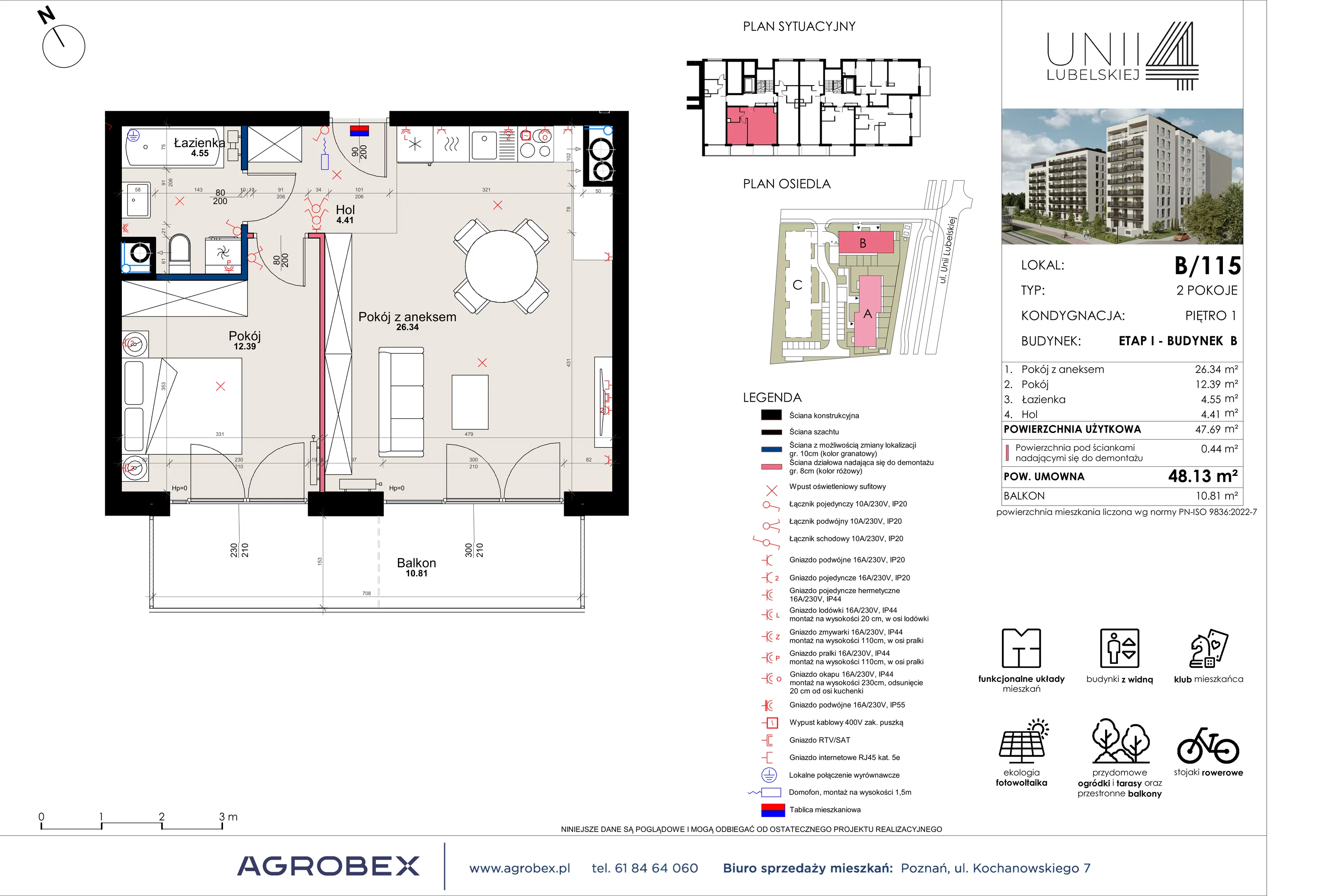 2 pokoje, mieszkanie 47,69 m², piętro 1, oferta nr B/115, Unii Lubelskiej 4 - etap B, Poznań, Nowe Miasto, Starołęka, ul. Unii Lubelskiej 4