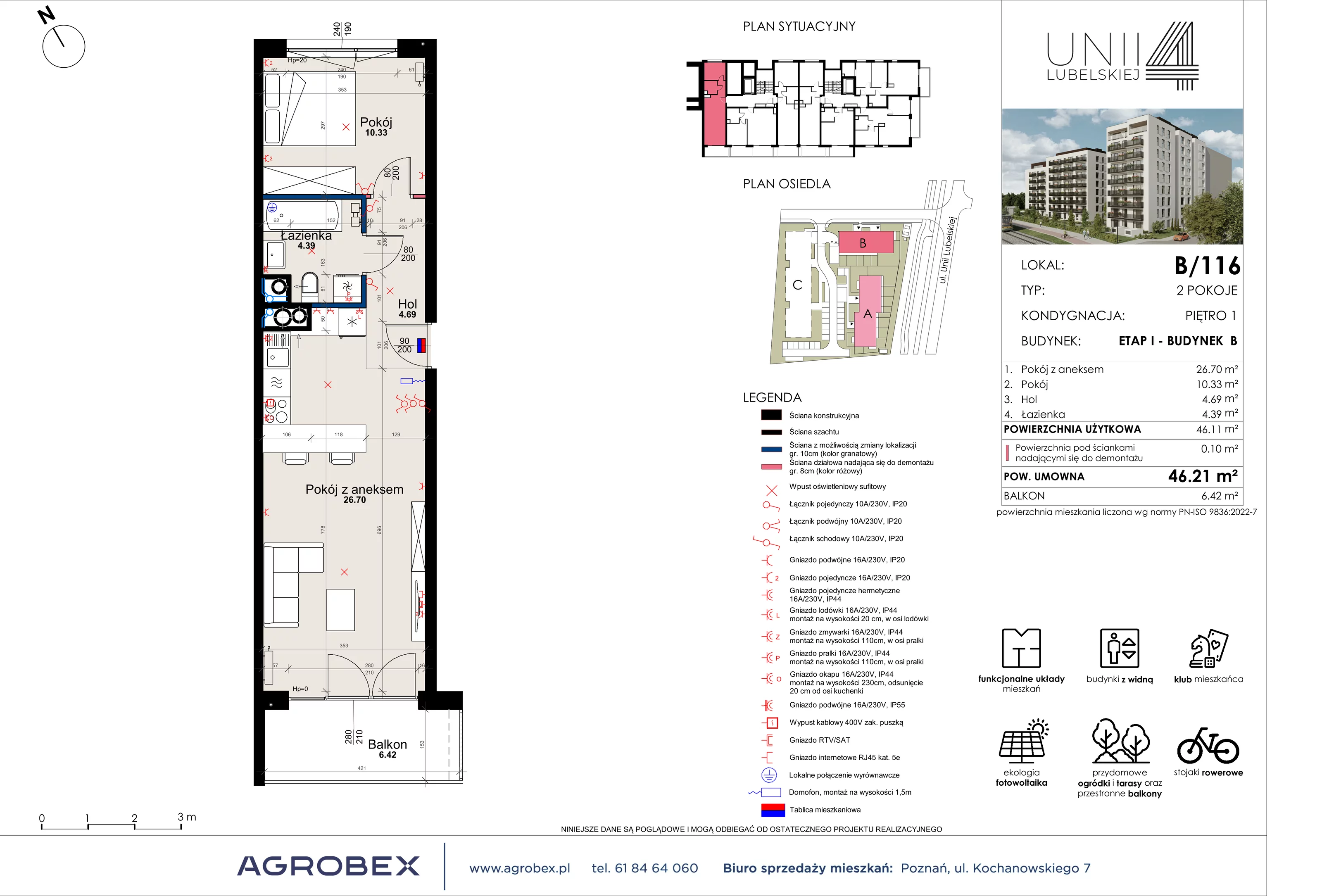 2 pokoje, mieszkanie 46,11 m², piętro 1, oferta nr B/116, Unii Lubelskiej 4 - etap B, Poznań, Nowe Miasto, Starołęka, ul. Unii Lubelskiej 4