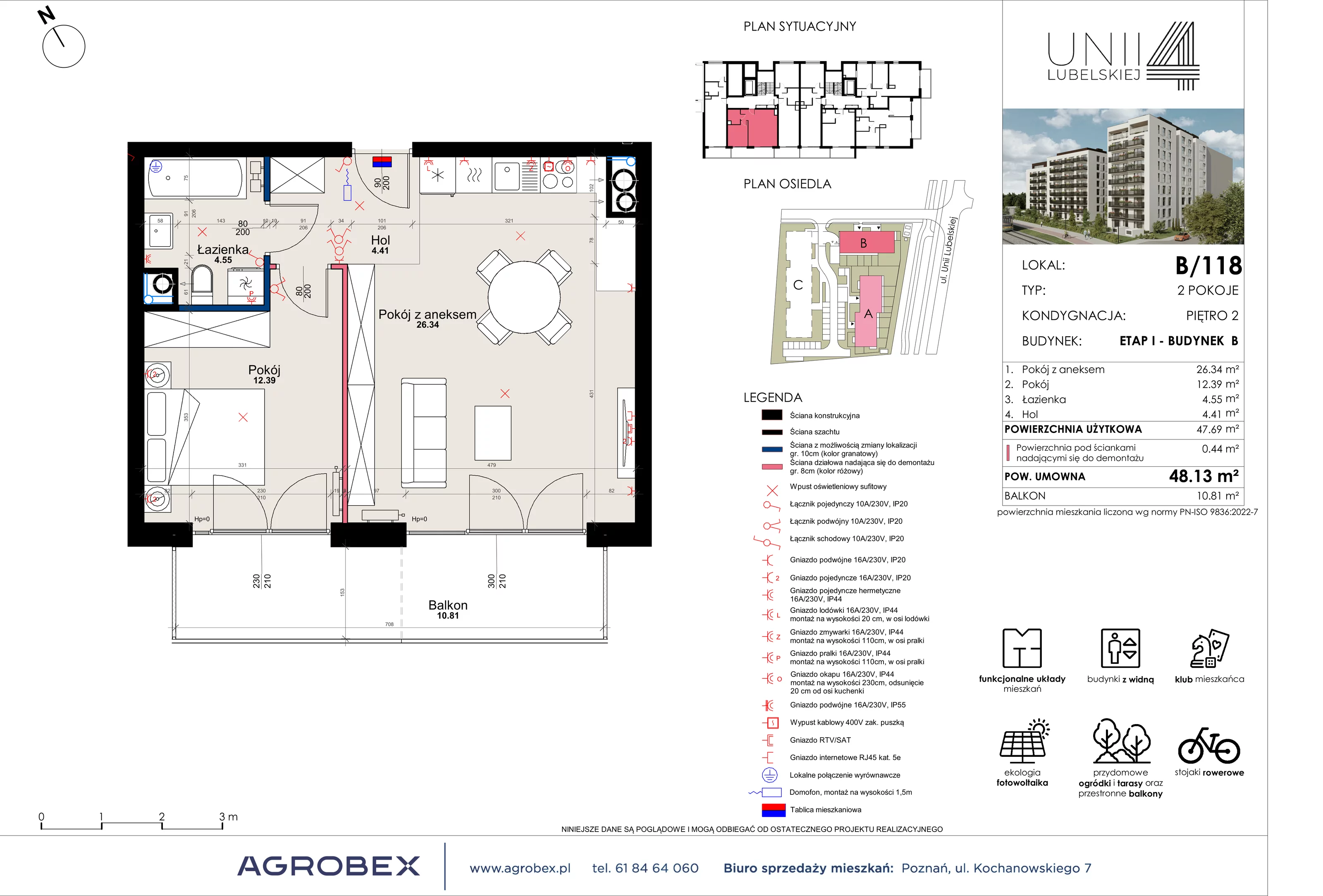2 pokoje, mieszkanie 47,69 m², piętro 2, oferta nr B/118, Unii Lubelskiej 4 - etap B, Poznań, Nowe Miasto, Starołęka, ul. Unii Lubelskiej 4