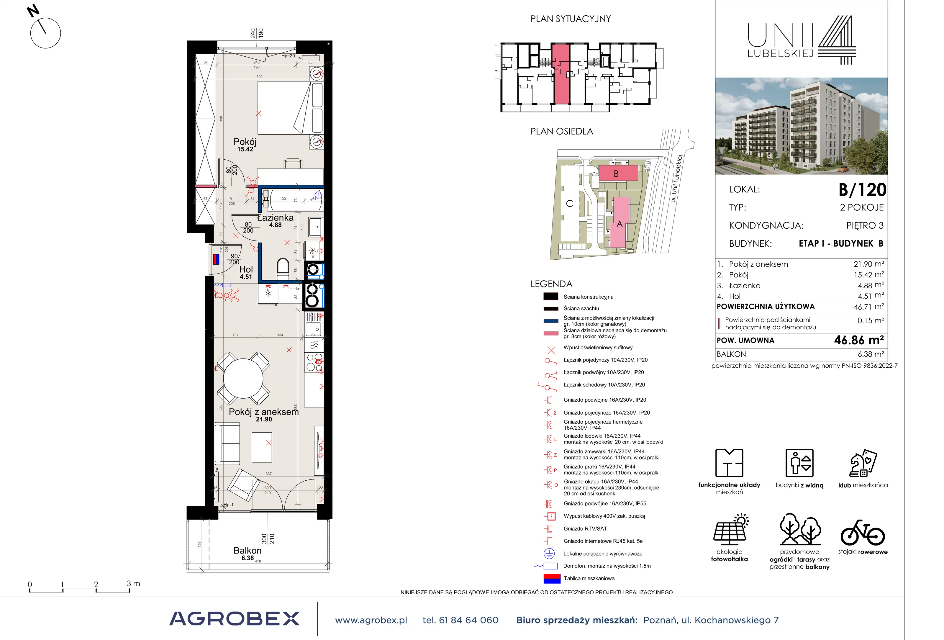 2 pokoje, mieszkanie 46,71 m², piętro 3, oferta nr B/120, Unii Lubelskiej 4 - etap B, Poznań, Nowe Miasto, Starołęka, ul. Unii Lubelskiej 4