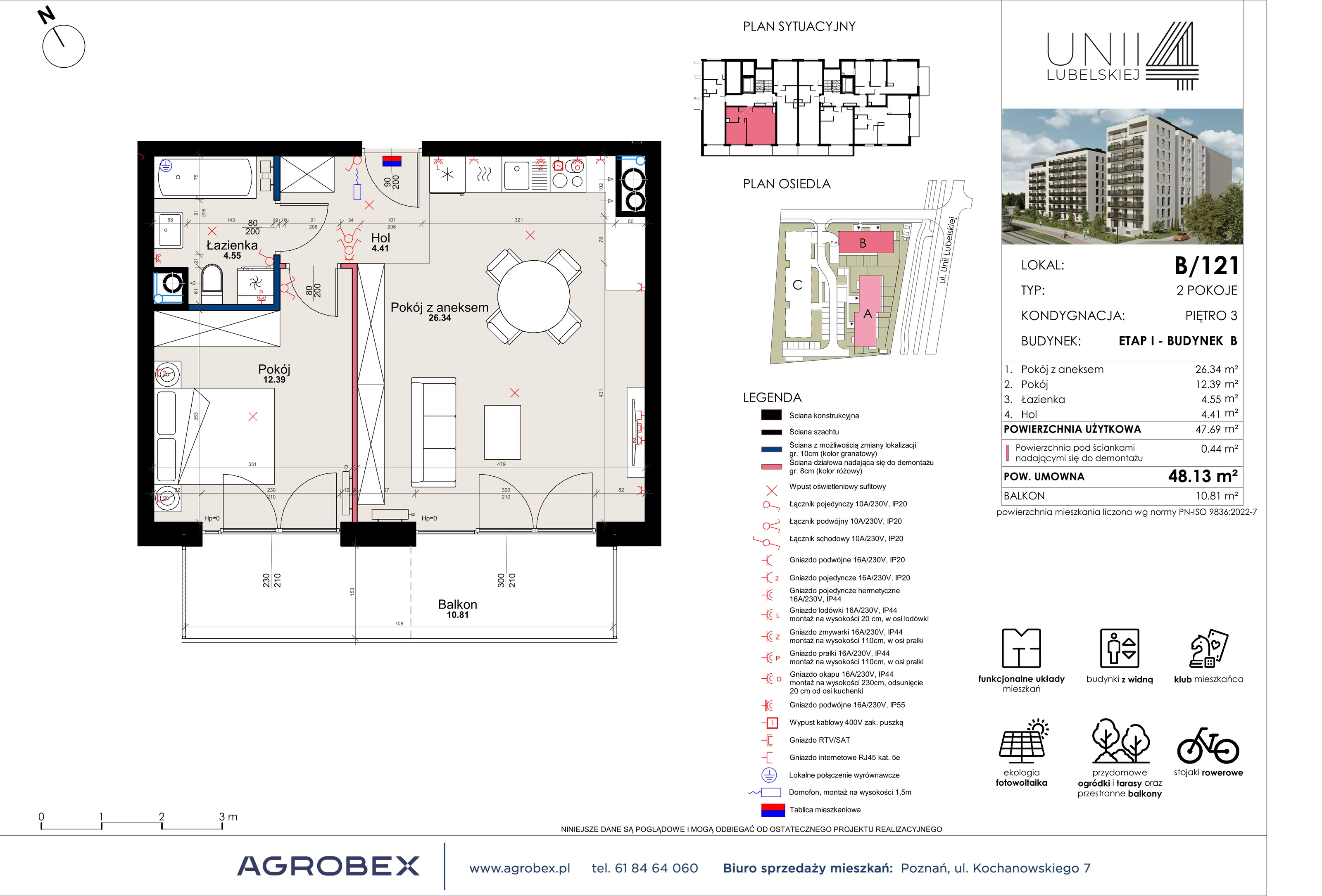 2 pokoje, mieszkanie 47,69 m², piętro 3, oferta nr B/121, Unii Lubelskiej 4 - etap B, Poznań, Nowe Miasto, Starołęka, ul. Unii Lubelskiej 4