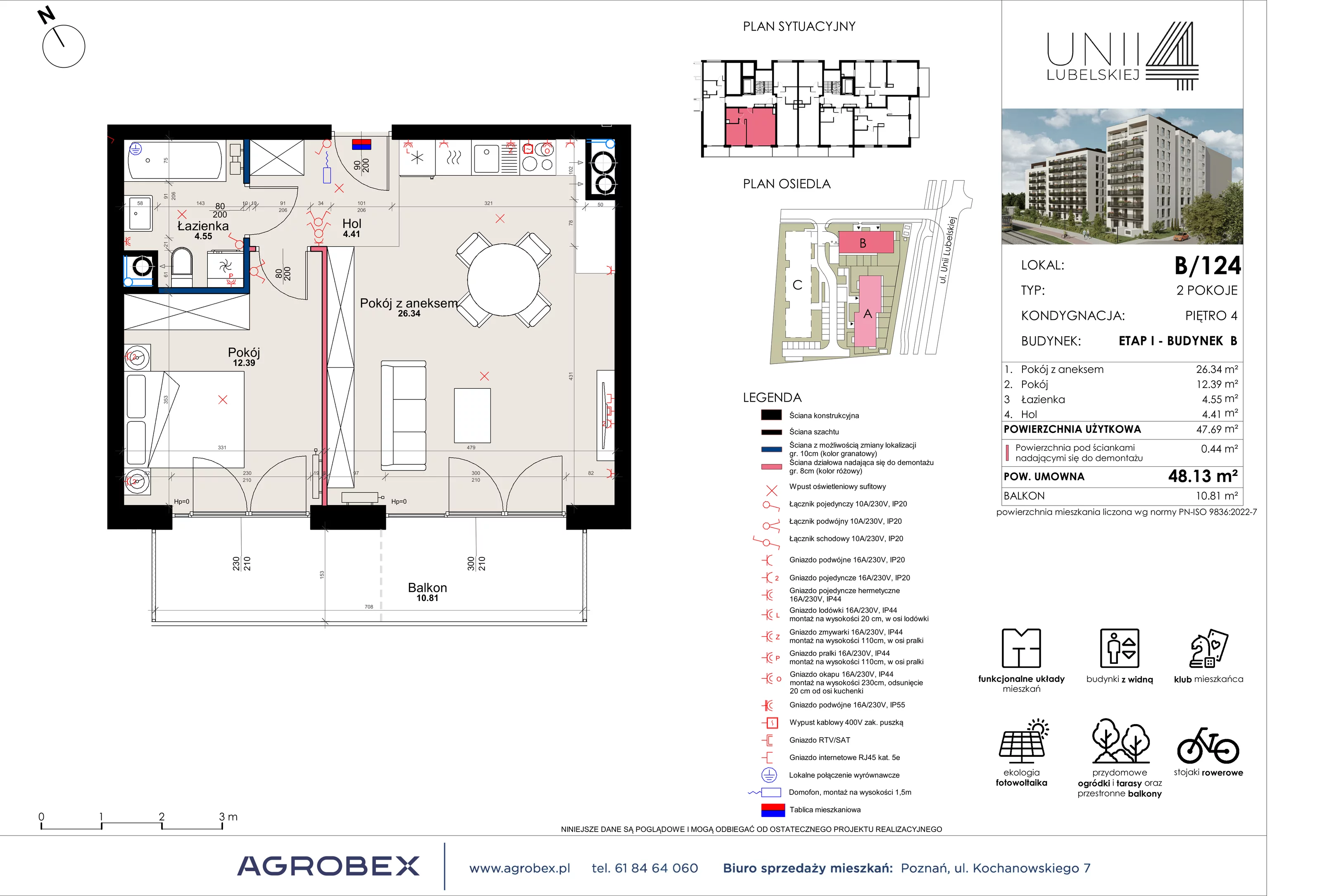 2 pokoje, mieszkanie 47,69 m², piętro 4, oferta nr B/124, Unii Lubelskiej 4 - etap B, Poznań, Nowe Miasto, Starołęka, ul. Unii Lubelskiej 4