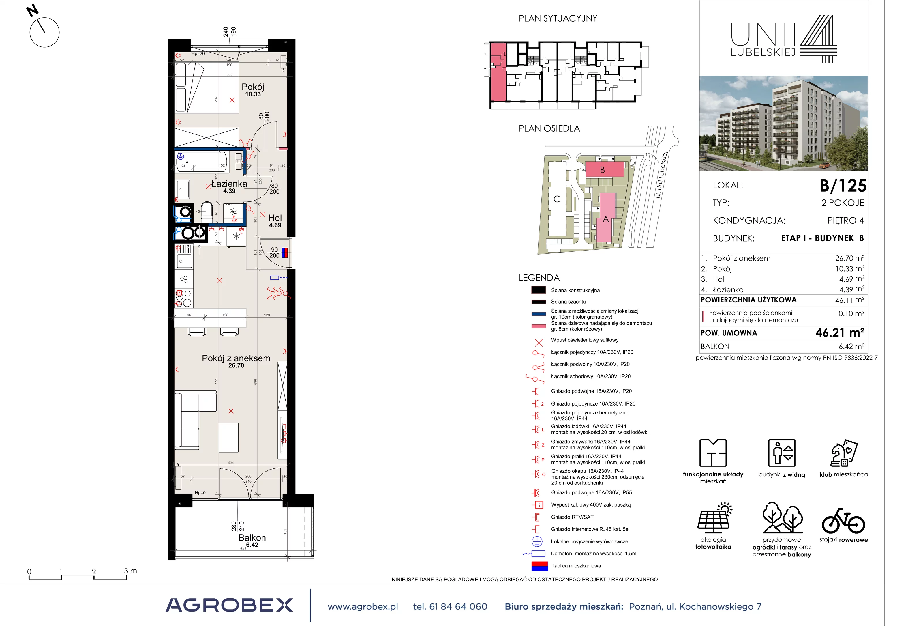 2 pokoje, mieszkanie 46,11 m², piętro 4, oferta nr B/125, Unii Lubelskiej 4 - etap B, Poznań, Nowe Miasto, Starołęka, ul. Unii Lubelskiej 4