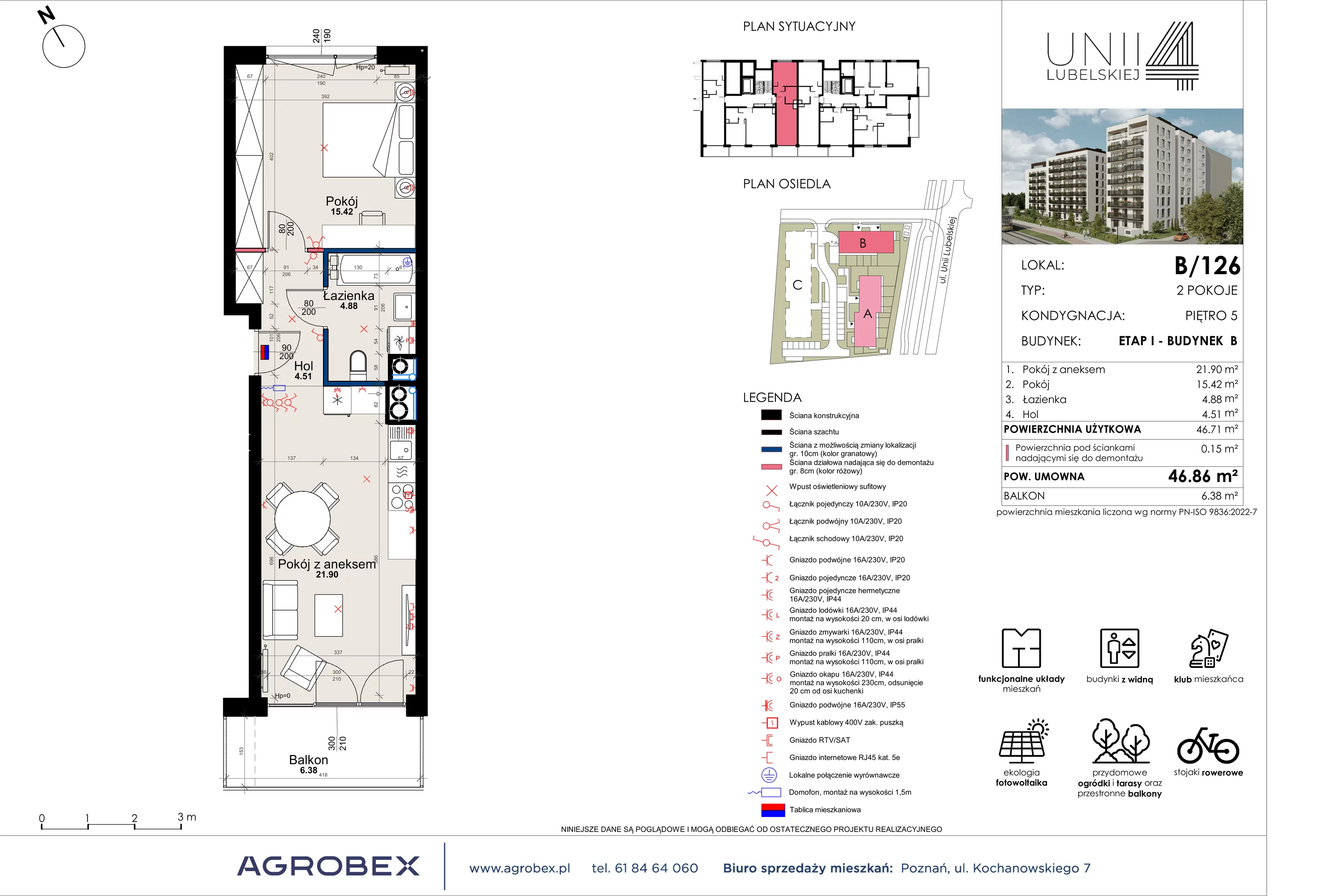 2 pokoje, mieszkanie 46,71 m², piętro 5, oferta nr B/126, Unii Lubelskiej 4 - etap B, Poznań, Nowe Miasto, Starołęka, ul. Unii Lubelskiej 4