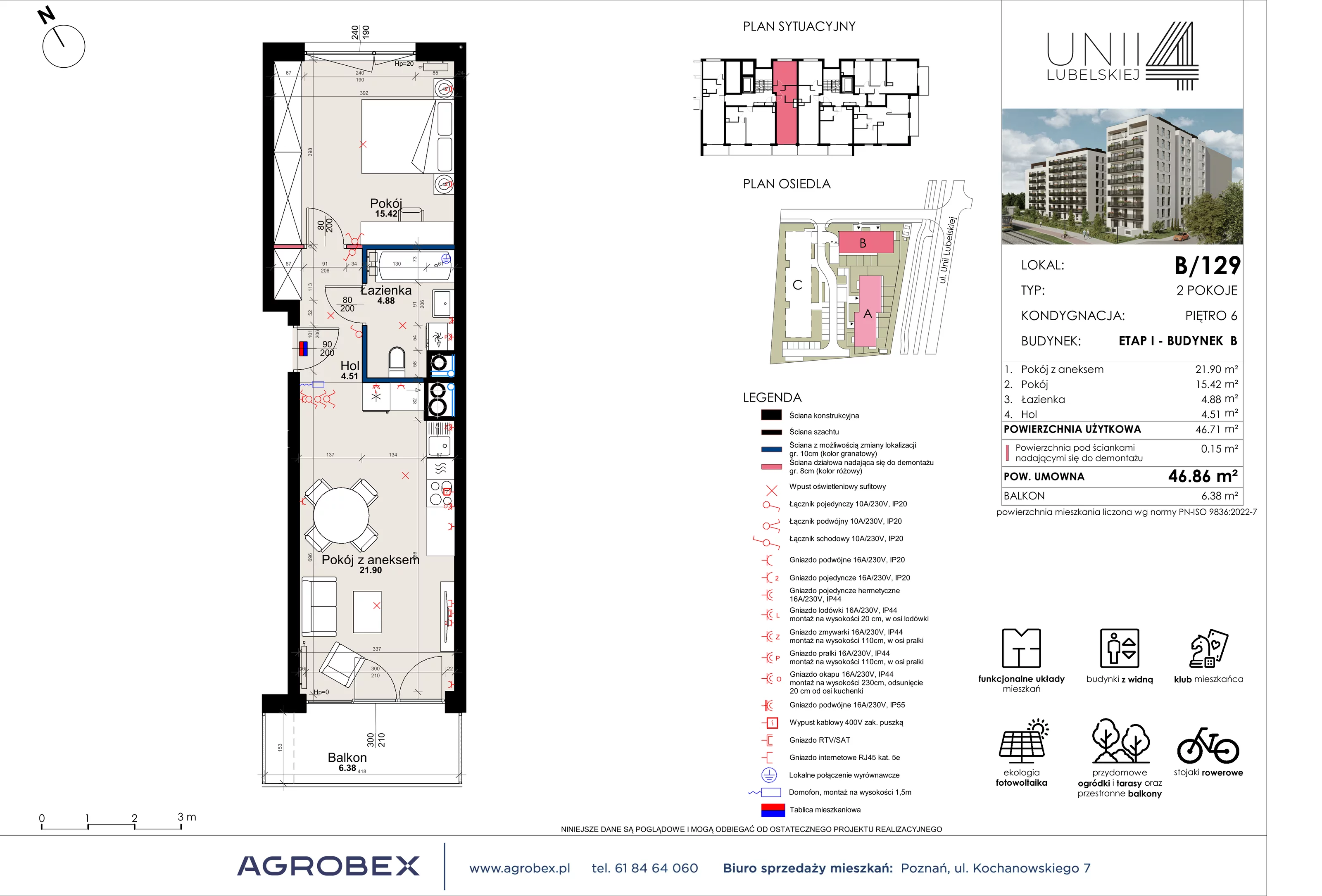 2 pokoje, mieszkanie 46,71 m², piętro 6, oferta nr B/129, Unii Lubelskiej 4 - etap B, Poznań, Nowe Miasto, Starołęka, ul. Unii Lubelskiej 4