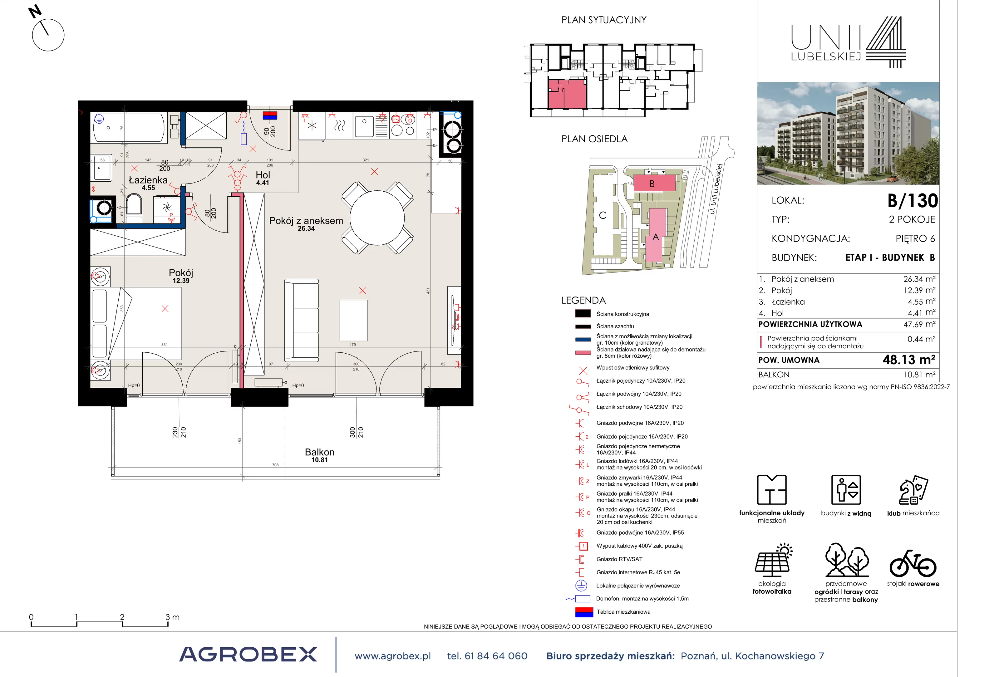 2 pokoje, mieszkanie 47,69 m², piętro 6, oferta nr B/130, Unii Lubelskiej 4 - etap B, Poznań, Nowe Miasto, Starołęka, ul. Unii Lubelskiej 4