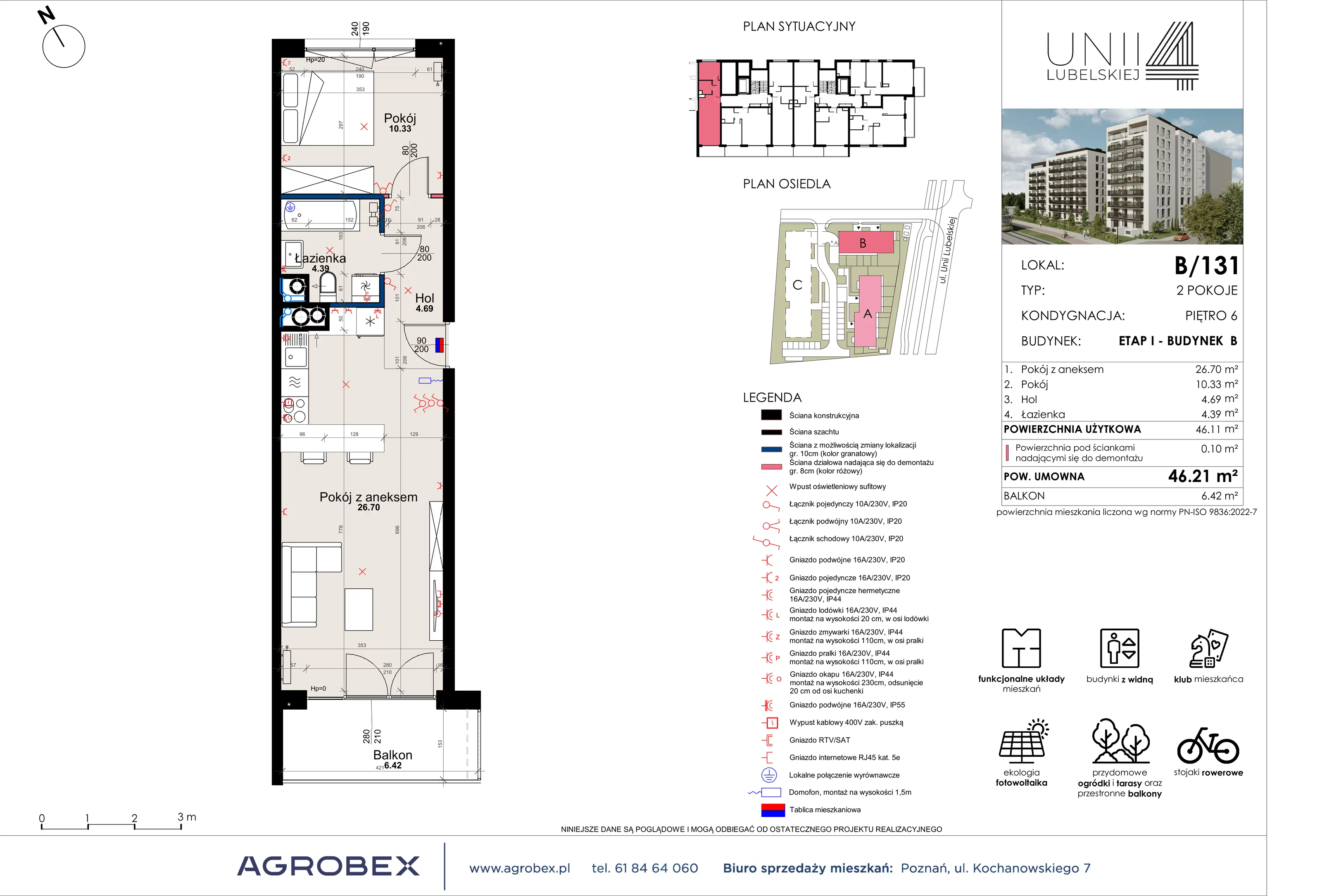 2 pokoje, mieszkanie 46,11 m², piętro 6, oferta nr B/131, Unii Lubelskiej 4 - etap B, Poznań, Nowe Miasto, Starołęka, ul. Unii Lubelskiej 4