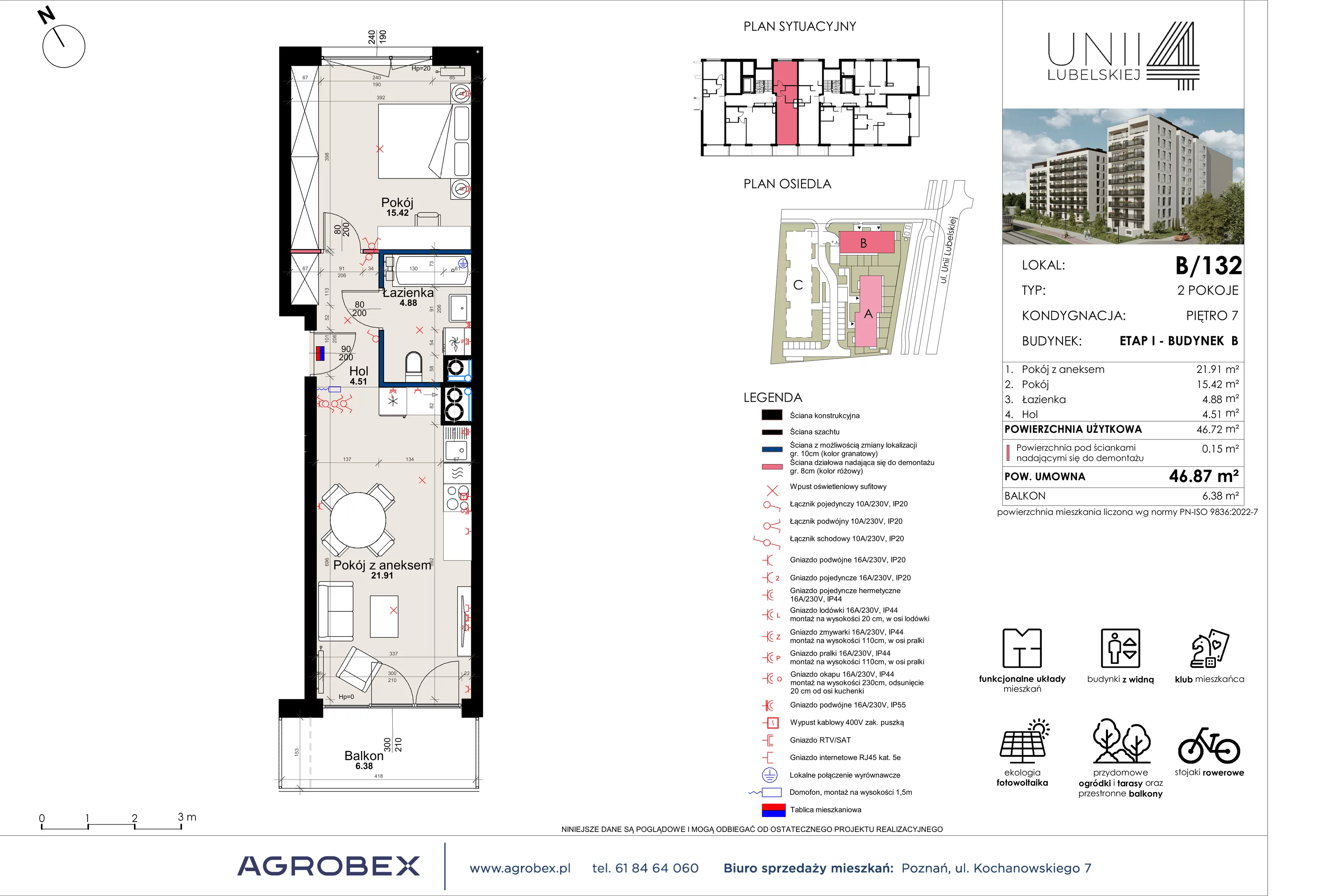 2 pokoje, mieszkanie 46,72 m², piętro 7, oferta nr B/132, Unii Lubelskiej 4 - etap B, Poznań, Nowe Miasto, Starołęka, ul. Unii Lubelskiej 4