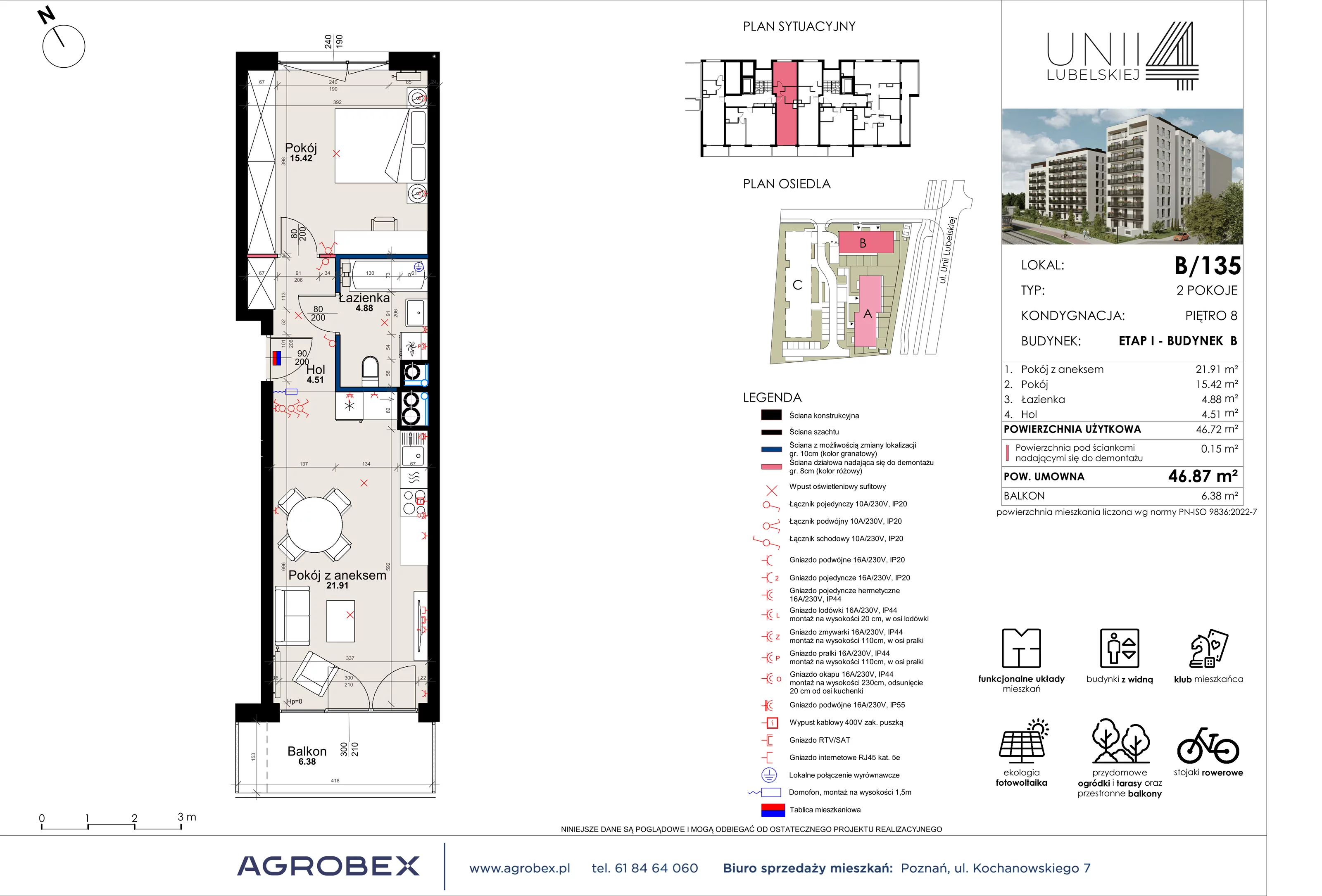 2 pokoje, mieszkanie 46,72 m², piętro 8, oferta nr B/135, Unii Lubelskiej 4 - etap B, Poznań, Nowe Miasto, Starołęka, ul. Unii Lubelskiej 4