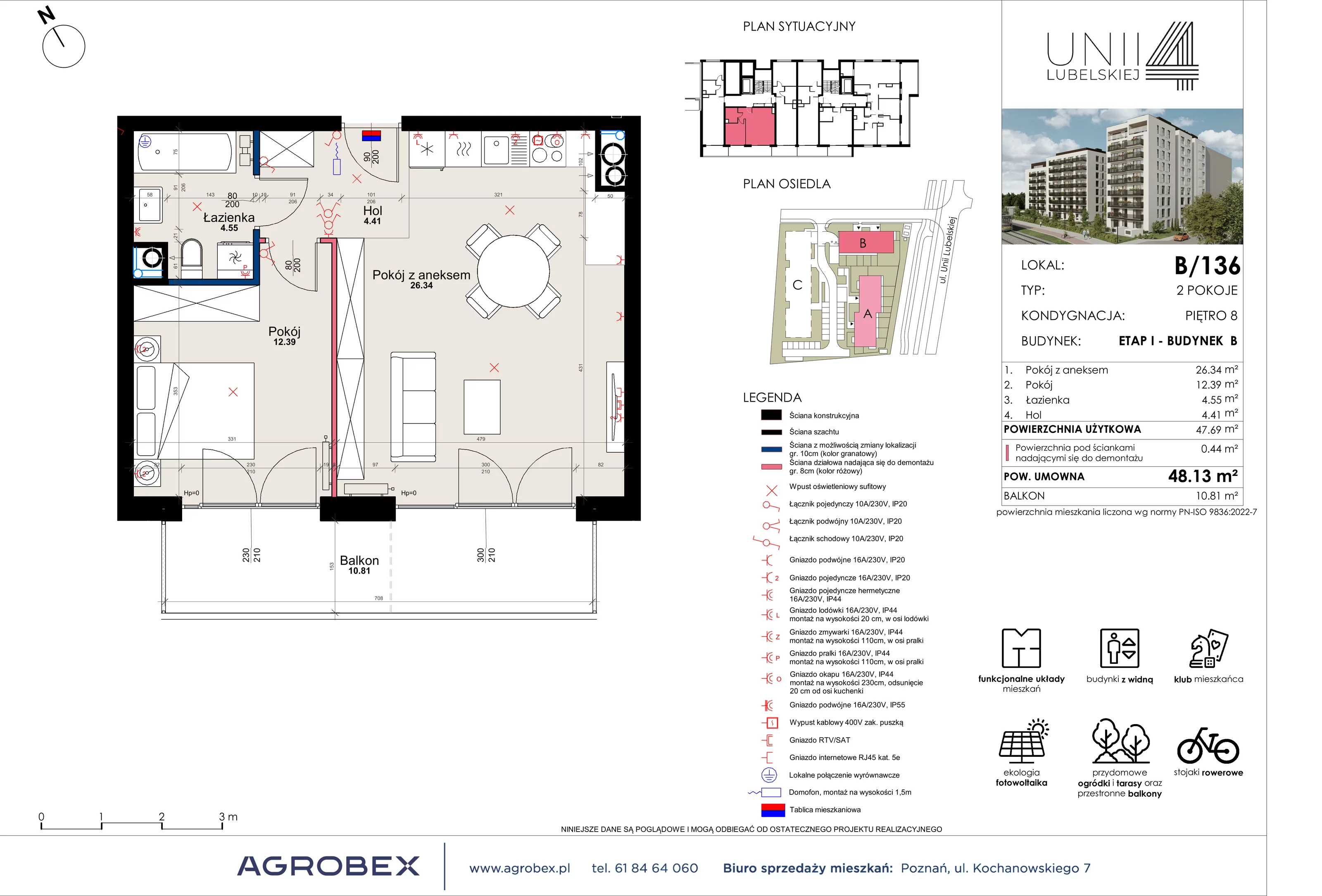 2 pokoje, mieszkanie 47,69 m², piętro 8, oferta nr B/136, Unii Lubelskiej 4 - etap B, Poznań, Nowe Miasto, Starołęka, ul. Unii Lubelskiej 4
