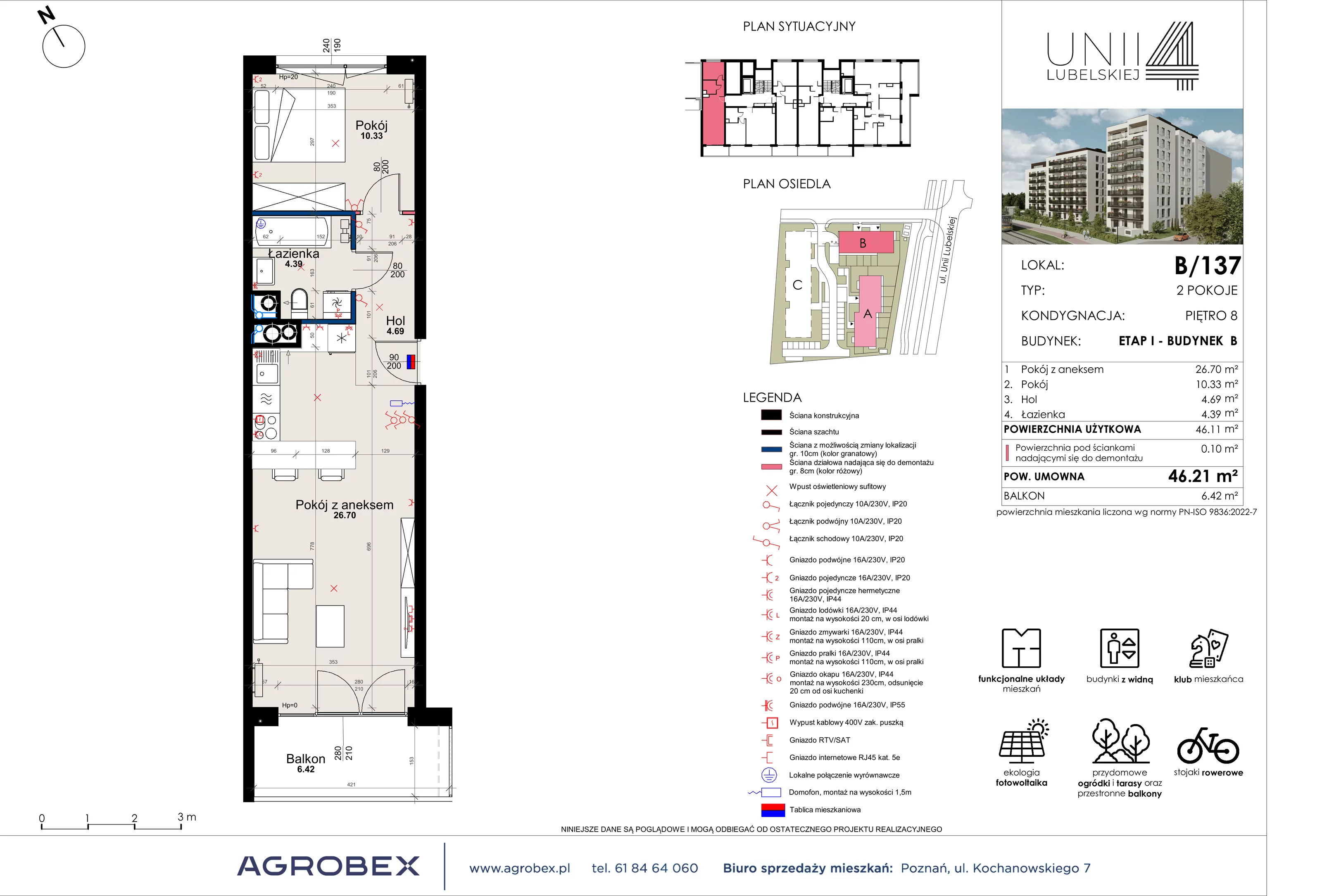 2 pokoje, mieszkanie 46,11 m², piętro 8, oferta nr B/137, Unii Lubelskiej 4 - etap B, Poznań, Nowe Miasto, Starołęka, ul. Unii Lubelskiej 4