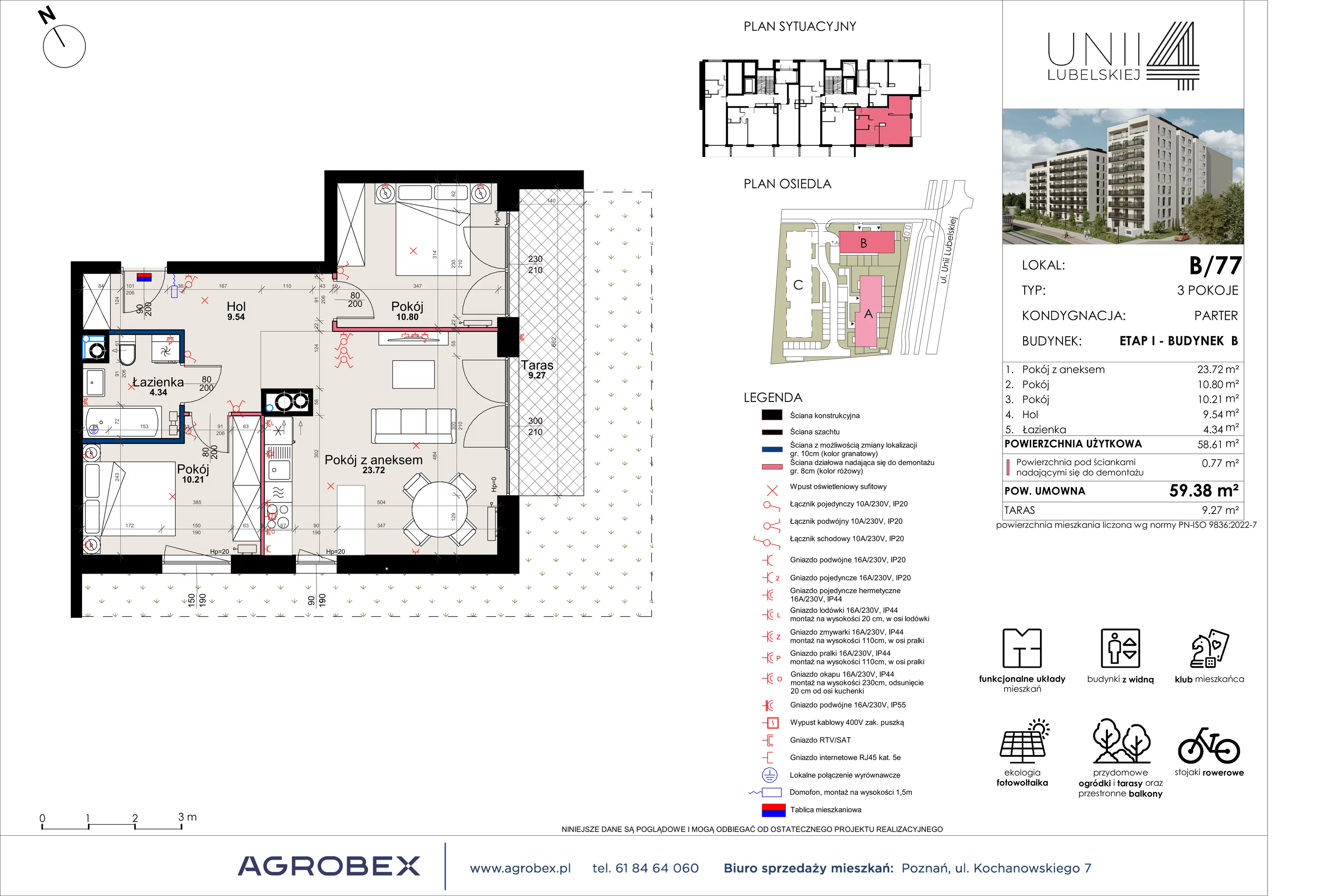 3 pokoje, mieszkanie 58,61 m², parter, oferta nr B/77, Unii Lubelskiej 4 - etap B, Poznań, Nowe Miasto, Starołęka, ul. Unii Lubelskiej 4