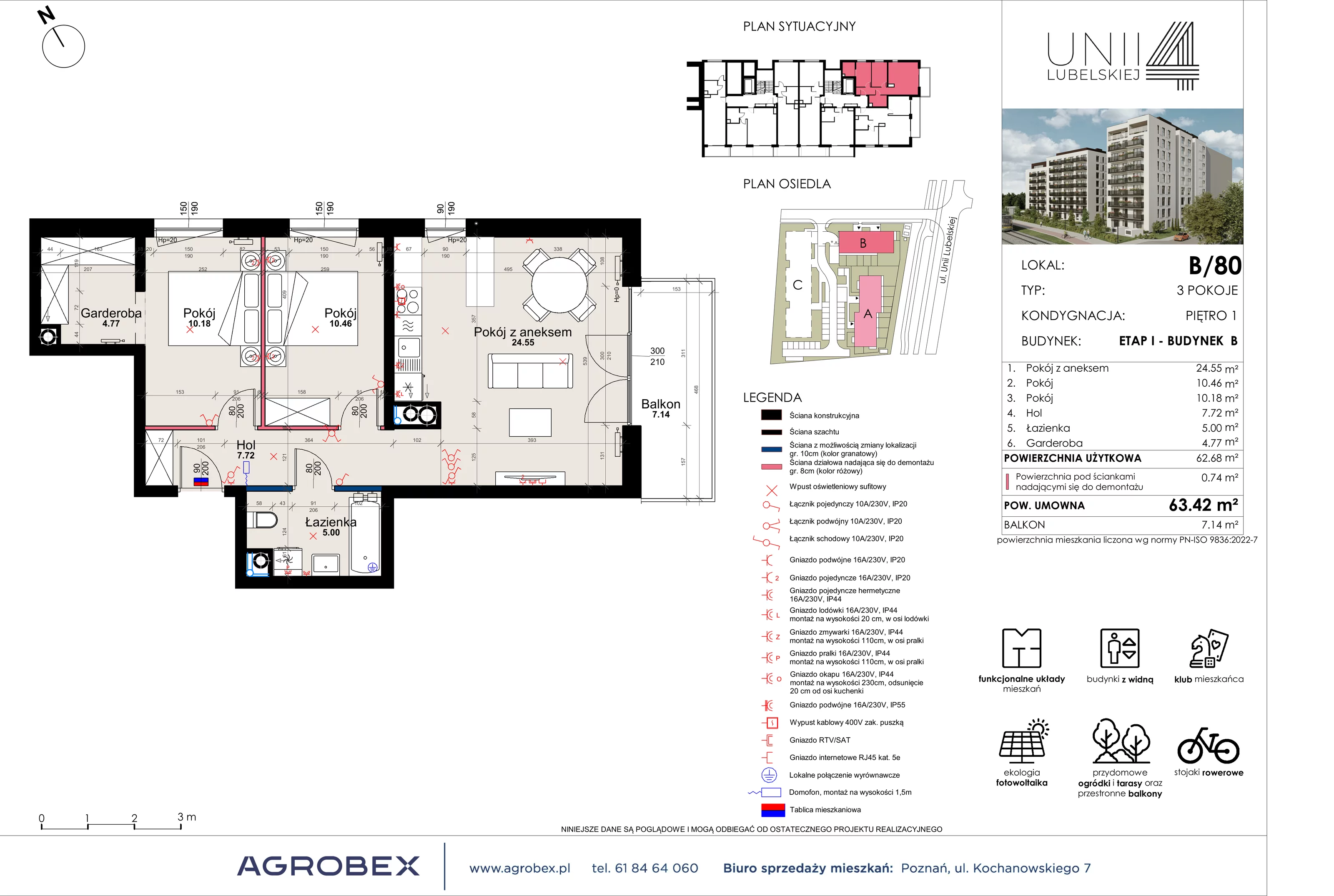 3 pokoje, mieszkanie 62,68 m², piętro 1, oferta nr B/80, Unii Lubelskiej 4 - etap B, Poznań, Nowe Miasto, Starołęka, ul. Unii Lubelskiej 4