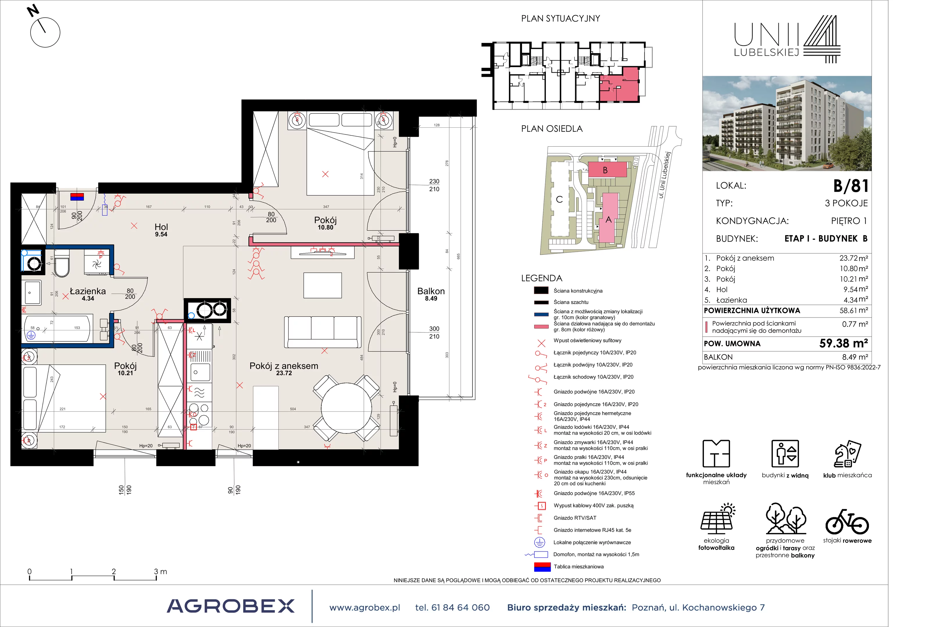 3 pokoje, mieszkanie 58,61 m², piętro 1, oferta nr B/81, Unii Lubelskiej 4 - etap B, Poznań, Nowe Miasto, Starołęka, ul. Unii Lubelskiej 4