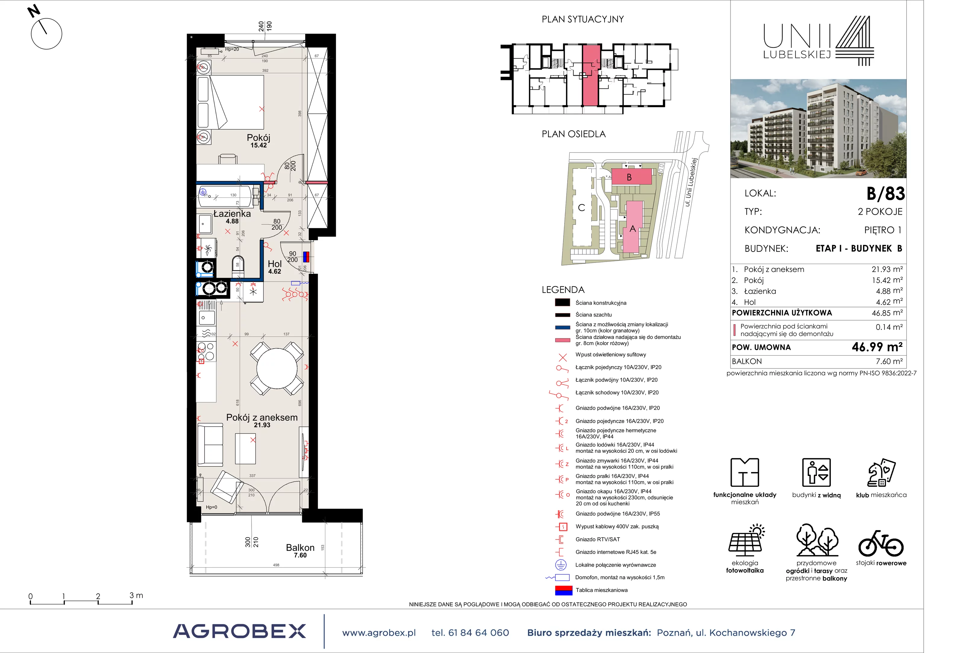 2 pokoje, mieszkanie 46,85 m², piętro 1, oferta nr B/83, Unii Lubelskiej 4 - etap B, Poznań, Nowe Miasto, Starołęka, ul. Unii Lubelskiej 4