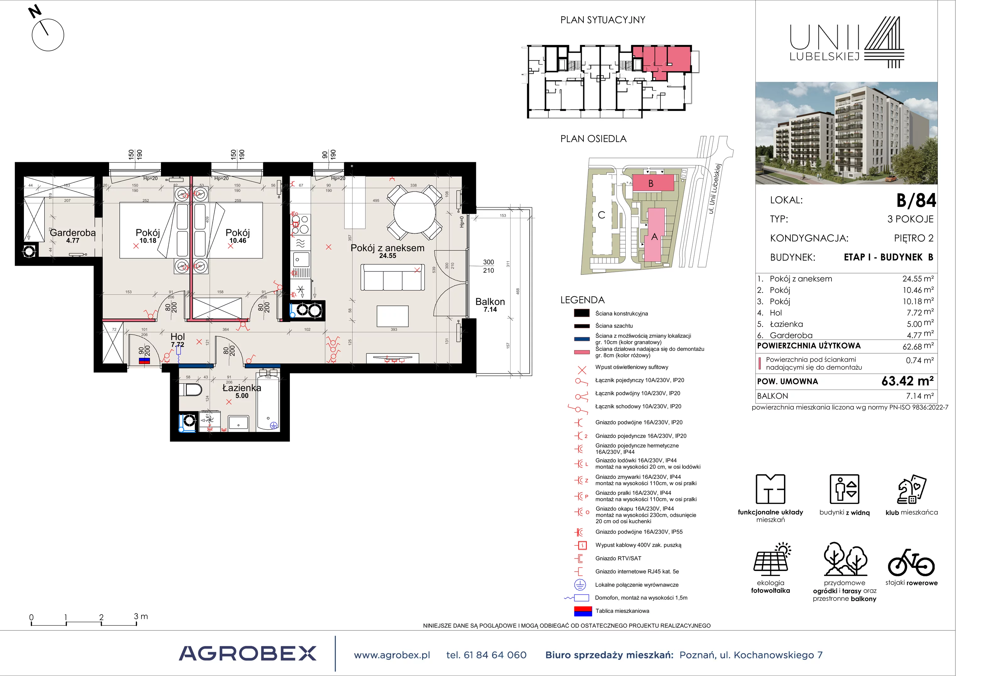3 pokoje, mieszkanie 62,68 m², piętro 2, oferta nr B/84, Unii Lubelskiej 4 - etap B, Poznań, Nowe Miasto, Starołęka, ul. Unii Lubelskiej 4