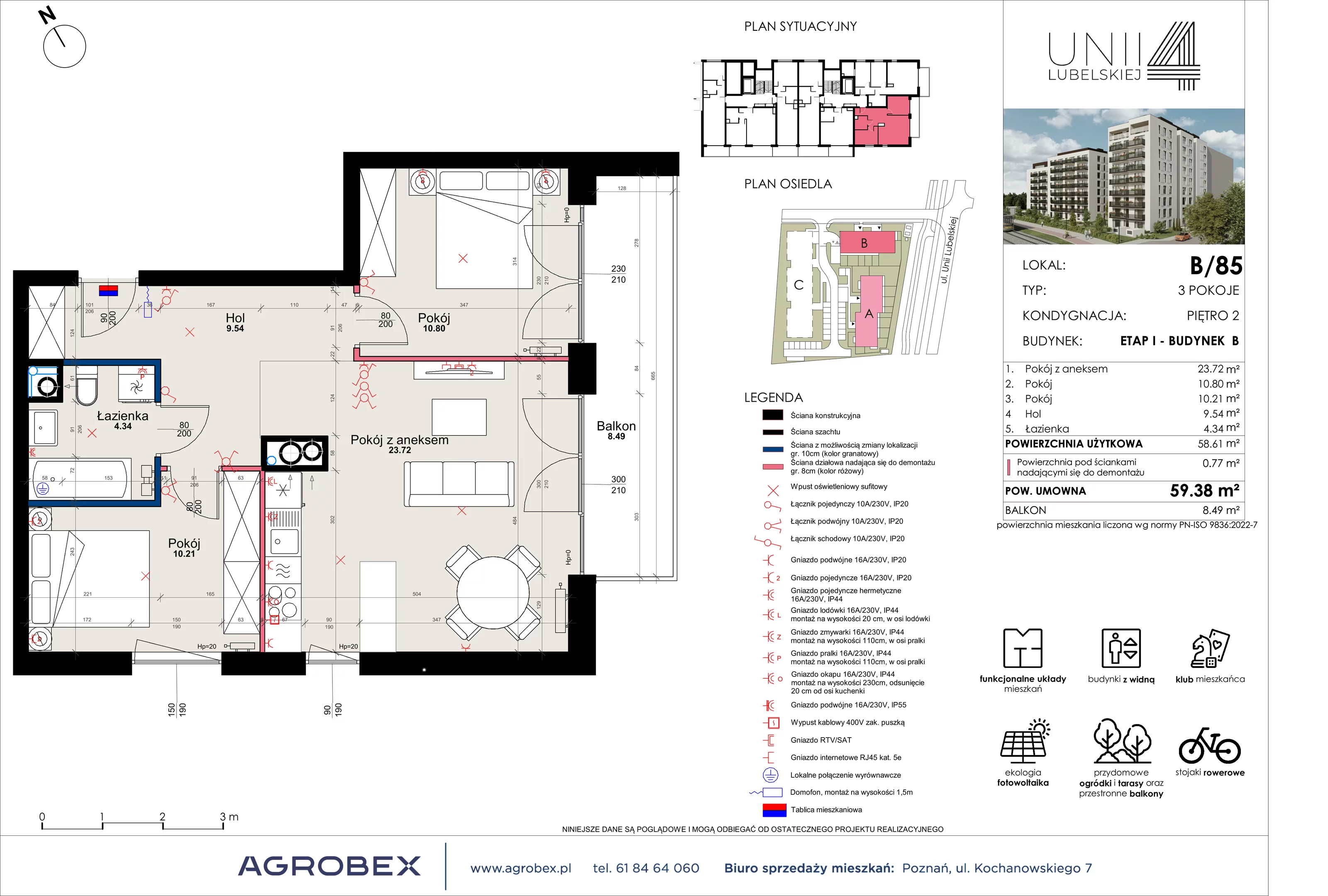 3 pokoje, mieszkanie 58,61 m², piętro 2, oferta nr B/85, Unii Lubelskiej 4 - etap B, Poznań, Nowe Miasto, Starołęka, ul. Unii Lubelskiej 4