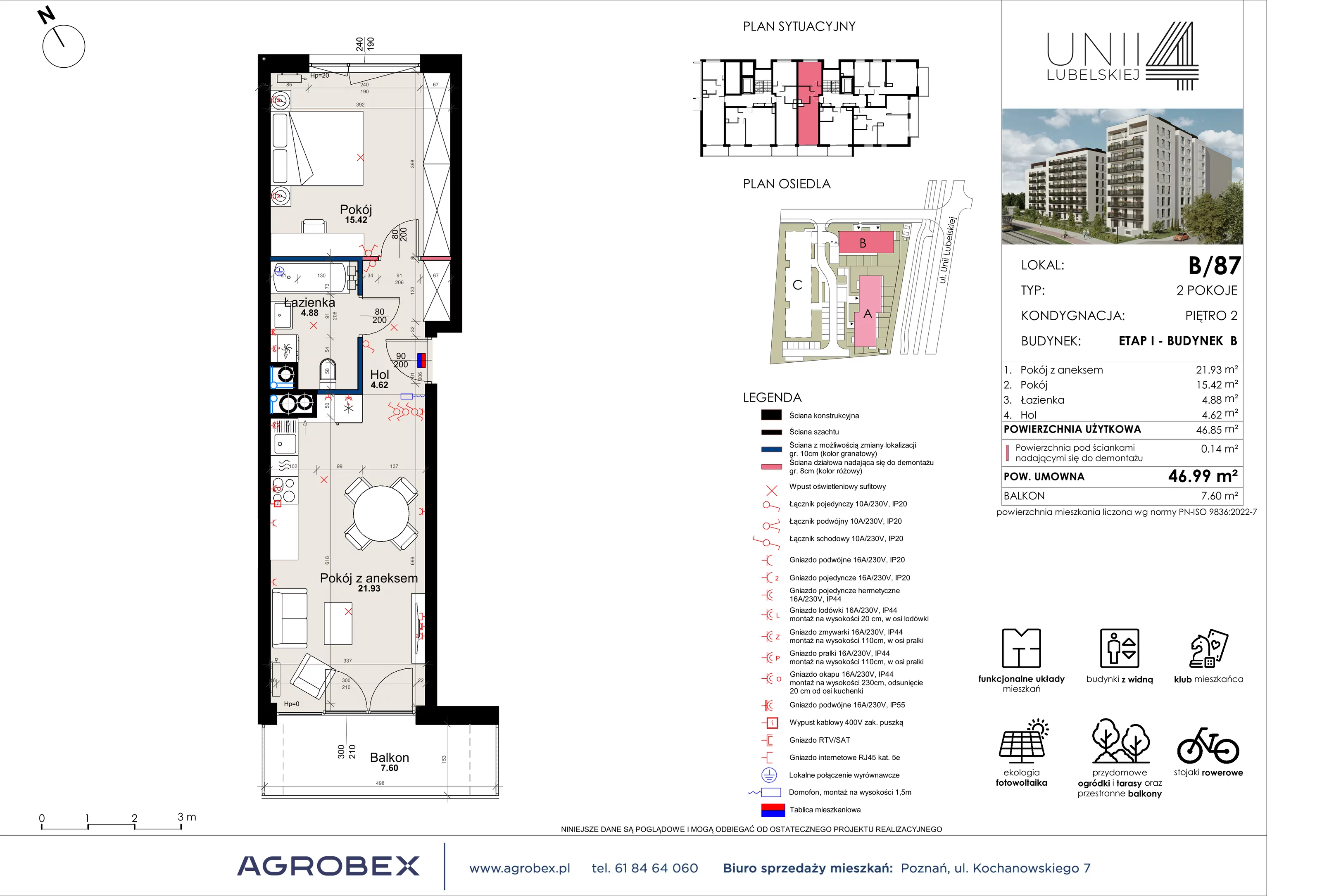 2 pokoje, mieszkanie 46,85 m², piętro 2, oferta nr B/87, Unii Lubelskiej 4 - etap B, Poznań, Nowe Miasto, Starołęka, ul. Unii Lubelskiej 4