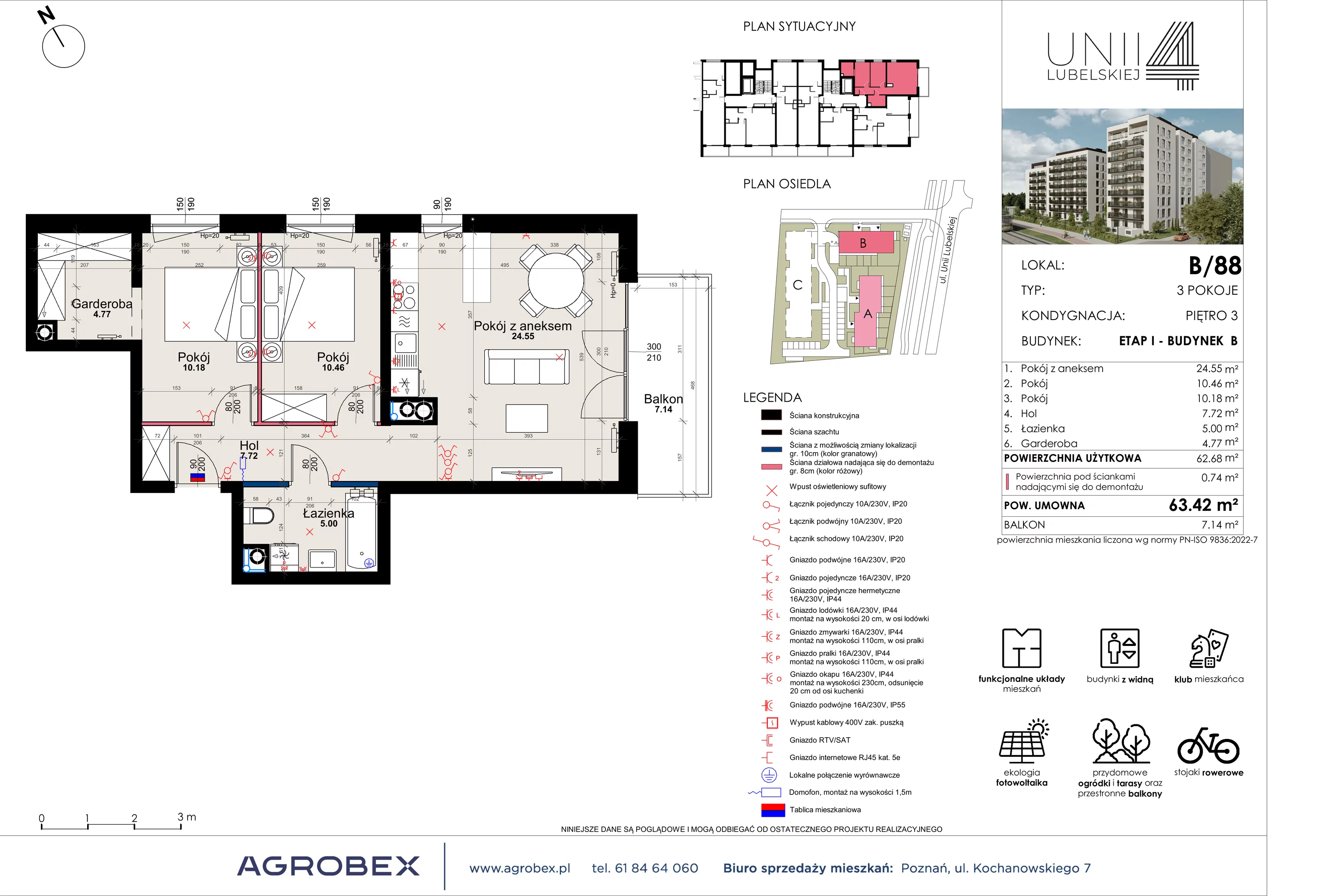 3 pokoje, mieszkanie 62,68 m², piętro 3, oferta nr B/88, Unii Lubelskiej 4 - etap B, Poznań, Nowe Miasto, Starołęka, ul. Unii Lubelskiej 4