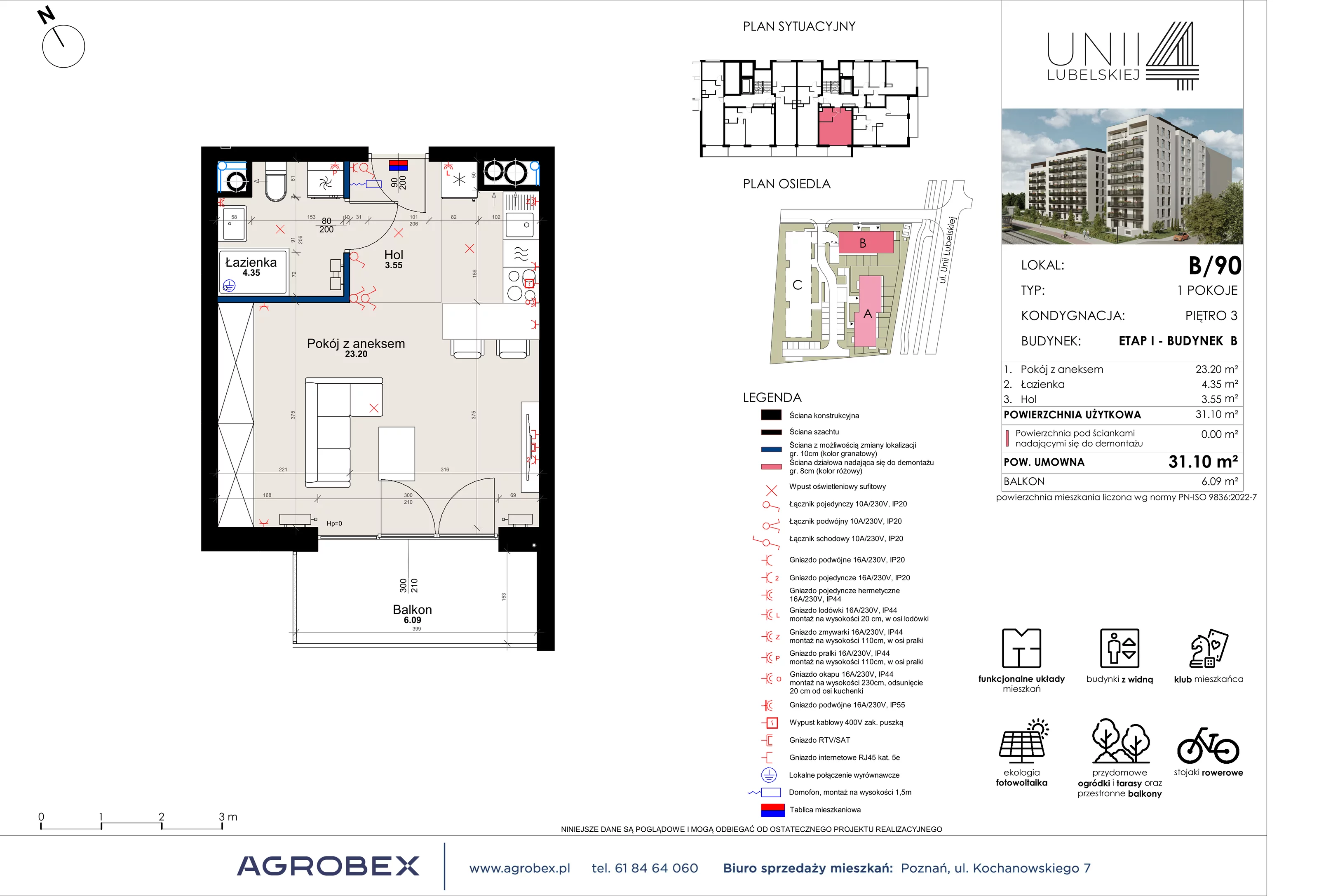 1 pokój, mieszkanie 31,10 m², piętro 3, oferta nr B/90, Unii Lubelskiej 4 - etap B, Poznań, Nowe Miasto, Starołęka, ul. Unii Lubelskiej 4