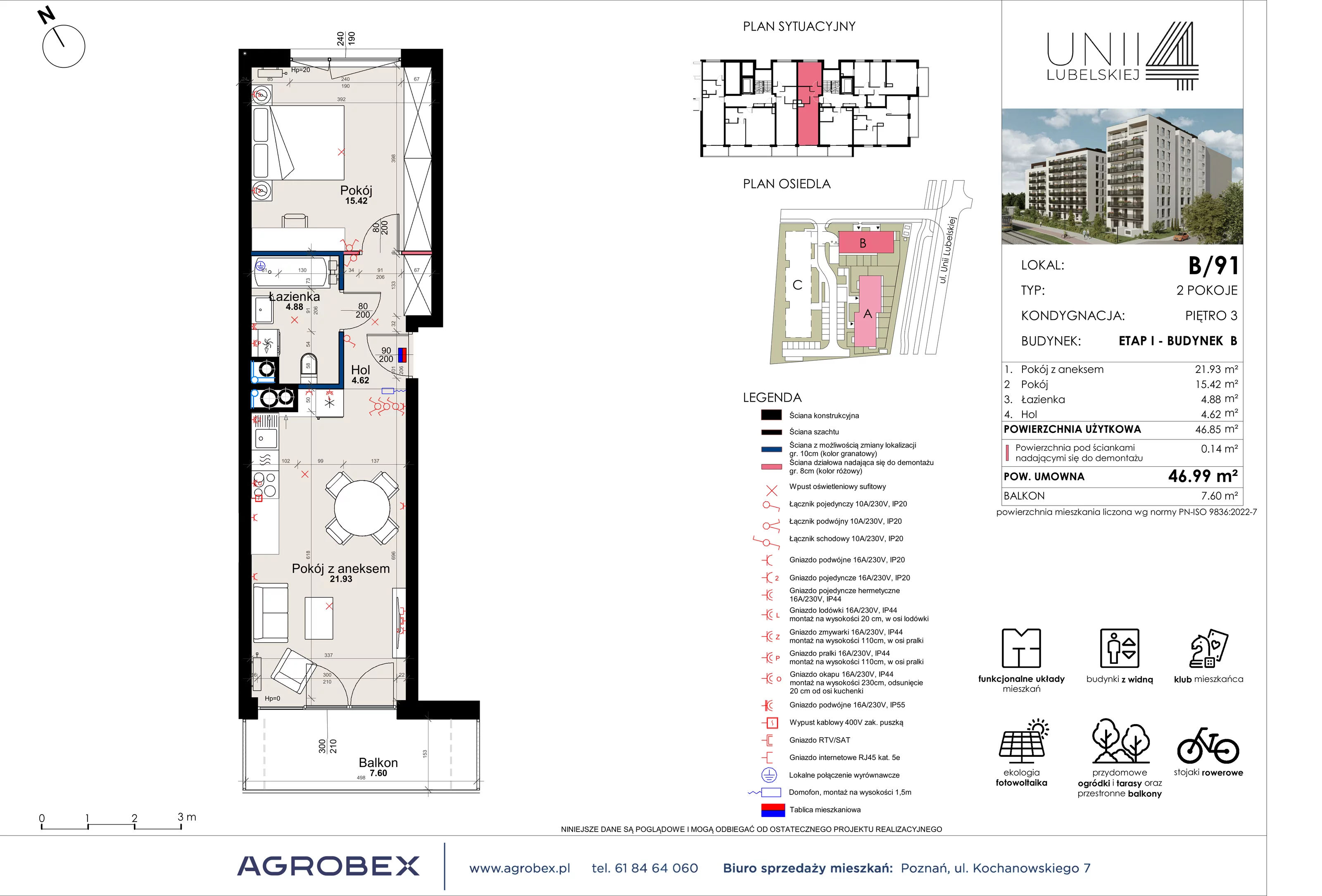 2 pokoje, mieszkanie 46,85 m², piętro 3, oferta nr B/91, Unii Lubelskiej 4 - etap B, Poznań, Nowe Miasto, Starołęka, ul. Unii Lubelskiej 4