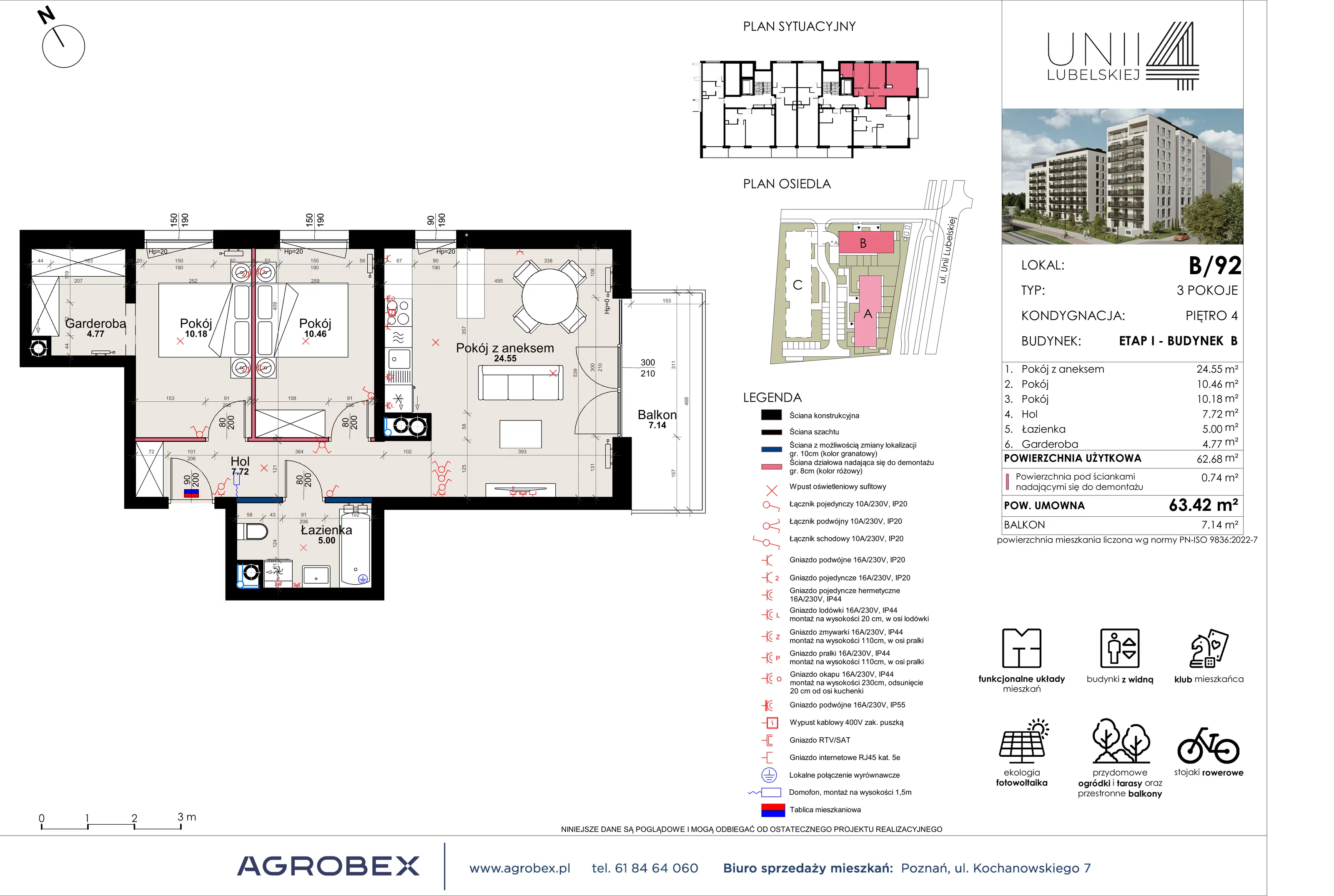 3 pokoje, mieszkanie 62,68 m², piętro 4, oferta nr B/92, Unii Lubelskiej 4 - etap B, Poznań, Nowe Miasto, Starołęka, ul. Unii Lubelskiej 4