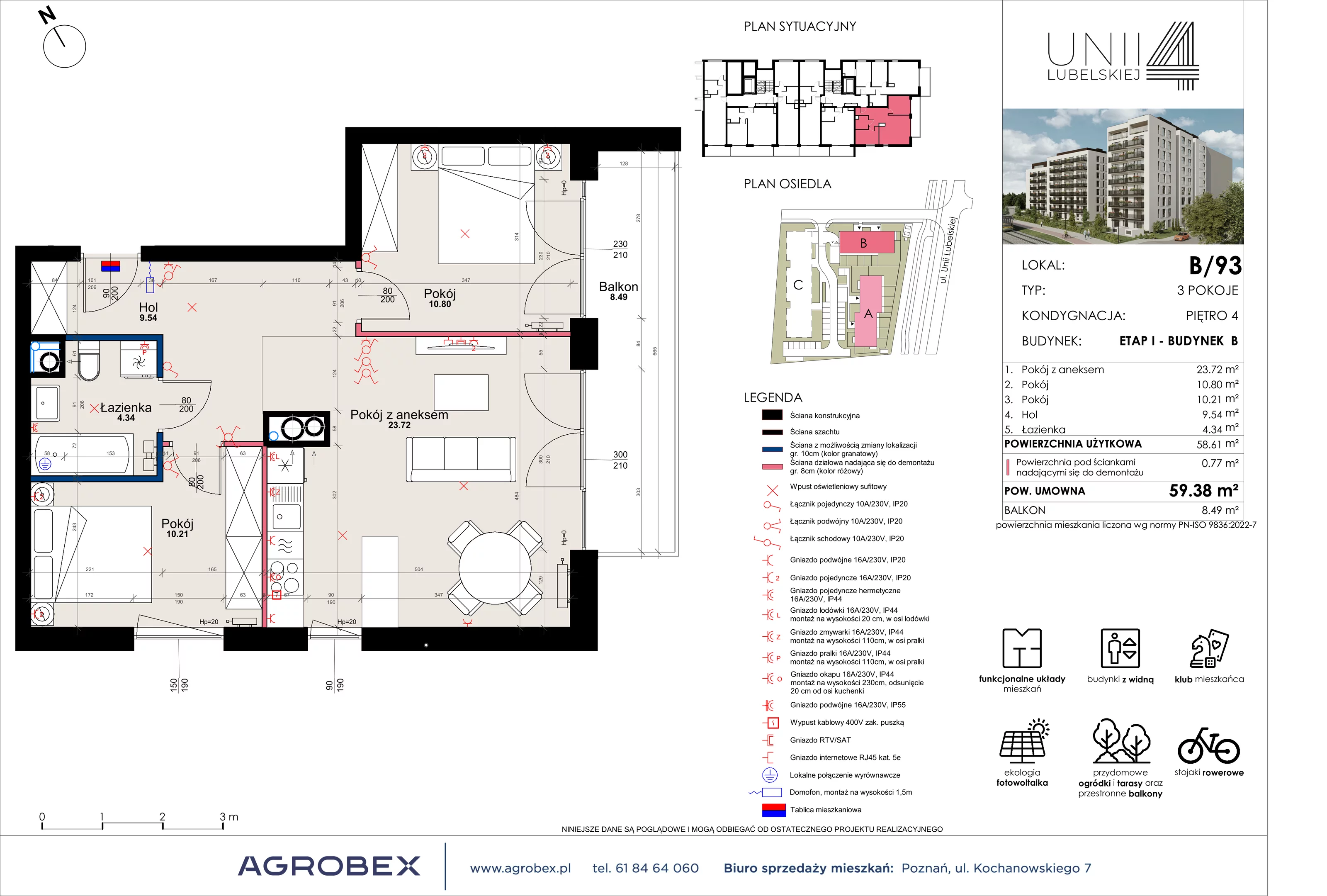 3 pokoje, mieszkanie 58,61 m², piętro 4, oferta nr B/93, Unii Lubelskiej 4 - etap B, Poznań, Nowe Miasto, Starołęka, ul. Unii Lubelskiej 4