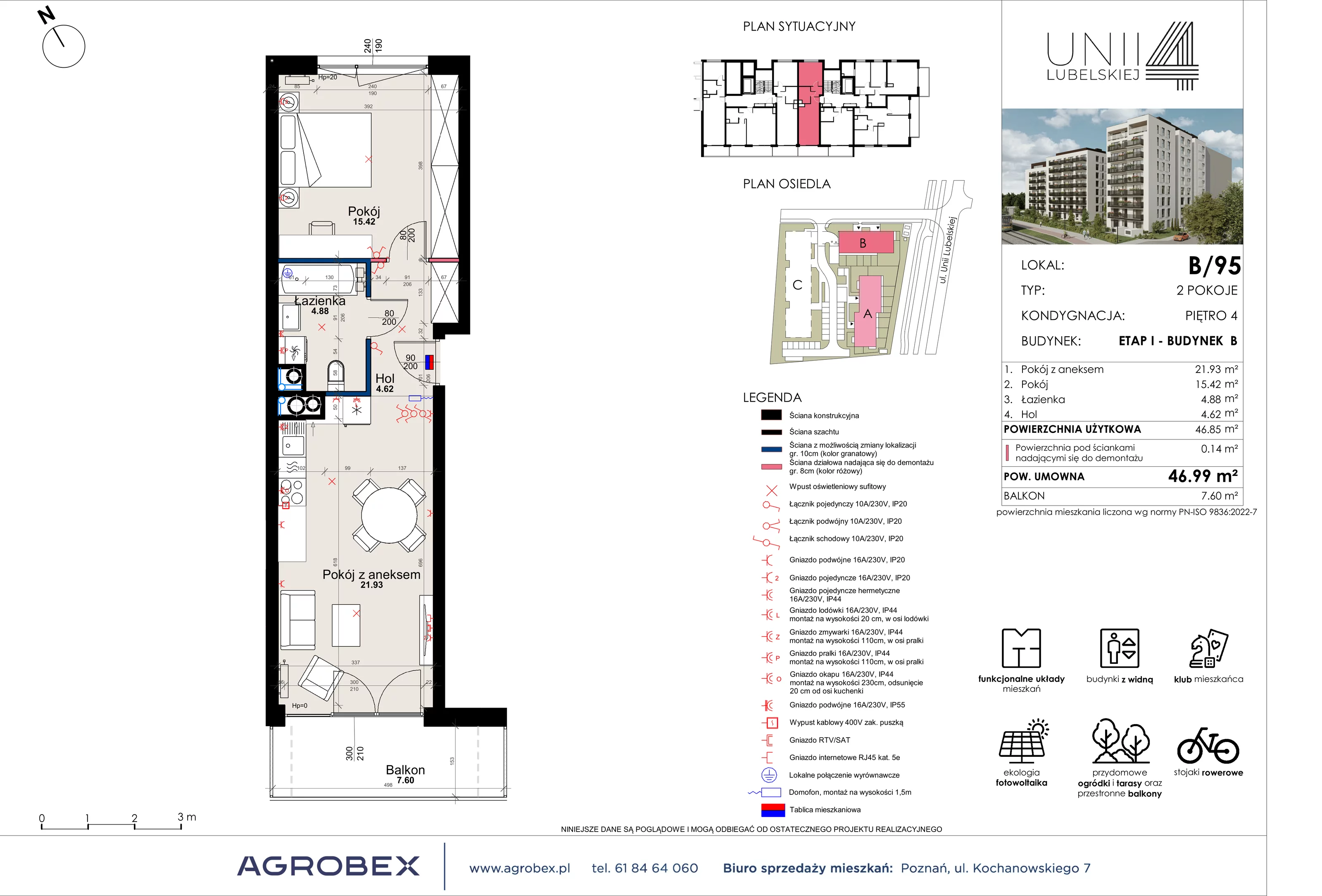 2 pokoje, mieszkanie 46,85 m², piętro 4, oferta nr B/95, Unii Lubelskiej 4 - etap B, Poznań, Nowe Miasto, Starołęka, ul. Unii Lubelskiej 4