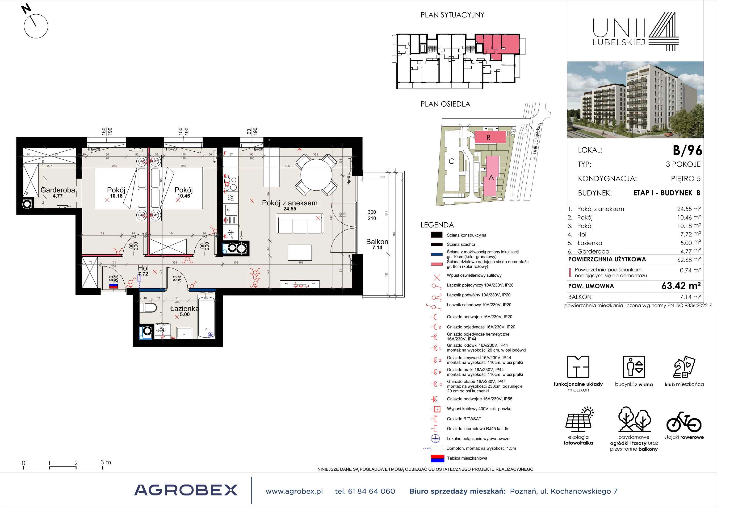 3 pokoje, mieszkanie 62,68 m², piętro 5, oferta nr B/96, Unii Lubelskiej 4 - etap B, Poznań, Nowe Miasto, Starołęka, ul. Unii Lubelskiej 4