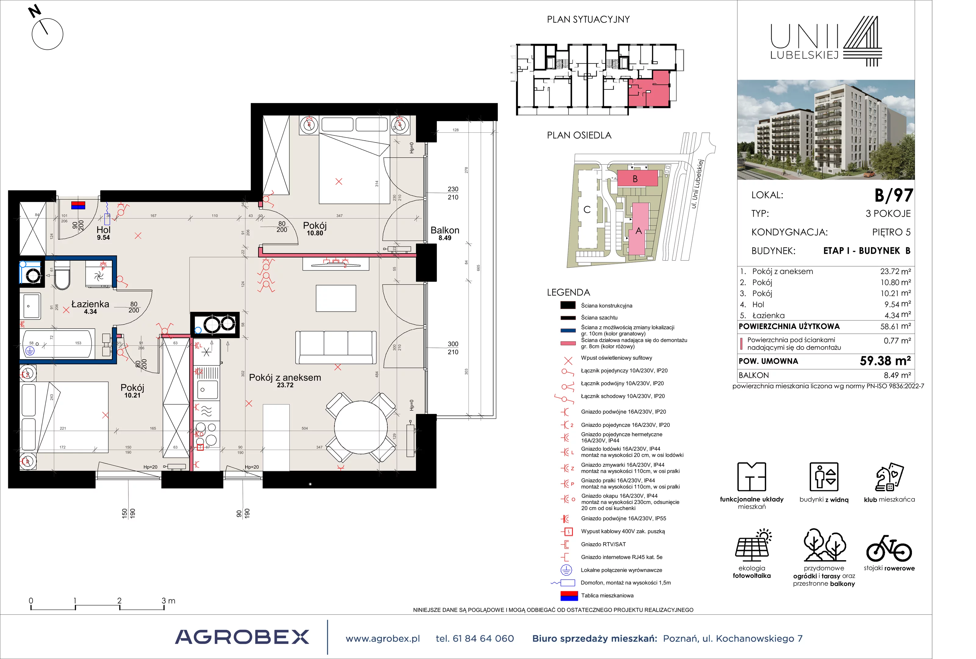 3 pokoje, mieszkanie 58,61 m², piętro 5, oferta nr B/97, Unii Lubelskiej 4 - etap B, Poznań, Nowe Miasto, Starołęka, ul. Unii Lubelskiej 4