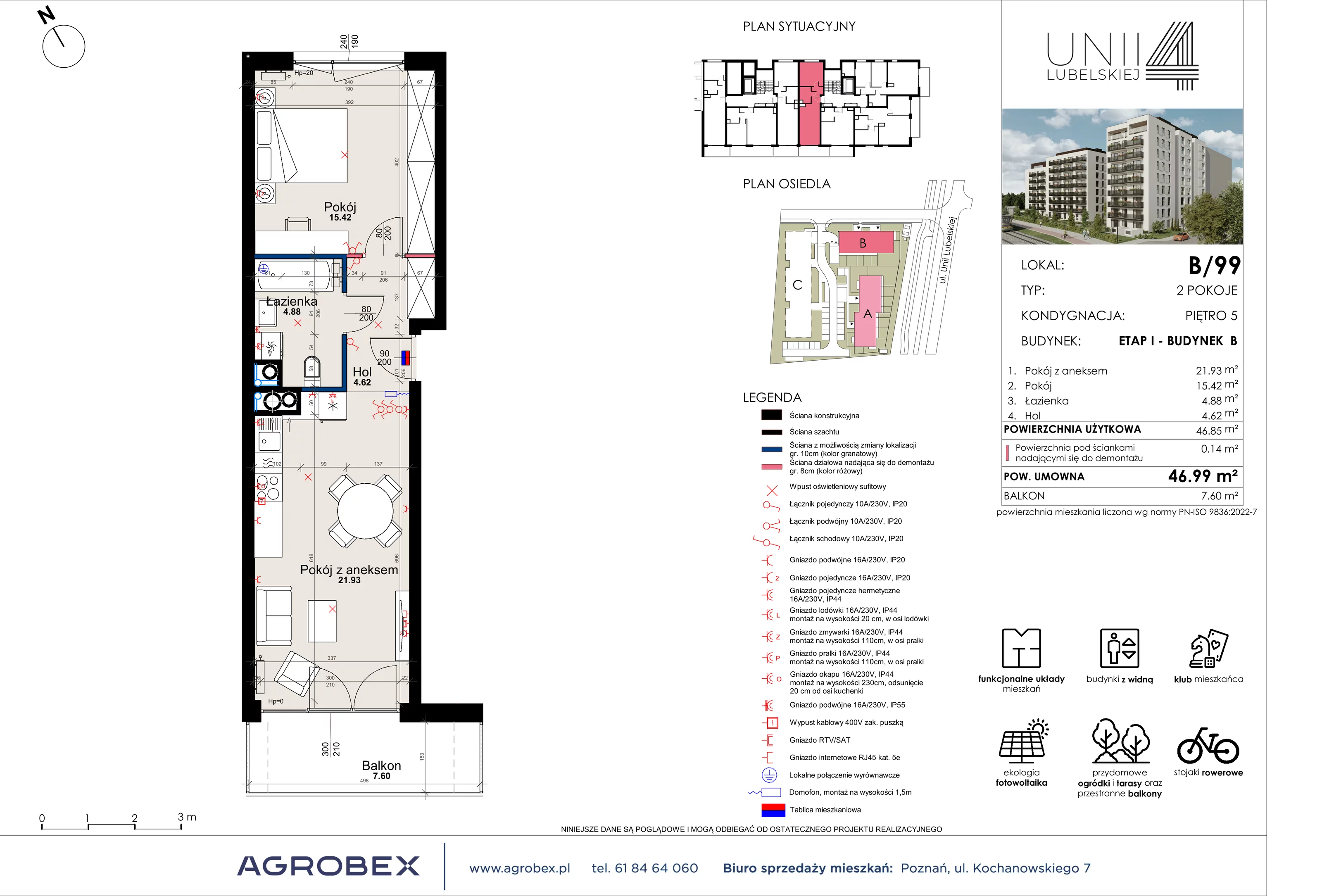 2 pokoje, mieszkanie 46,85 m², piętro 5, oferta nr B/99, Unii Lubelskiej 4 - etap B, Poznań, Nowe Miasto, Starołęka, ul. Unii Lubelskiej 4