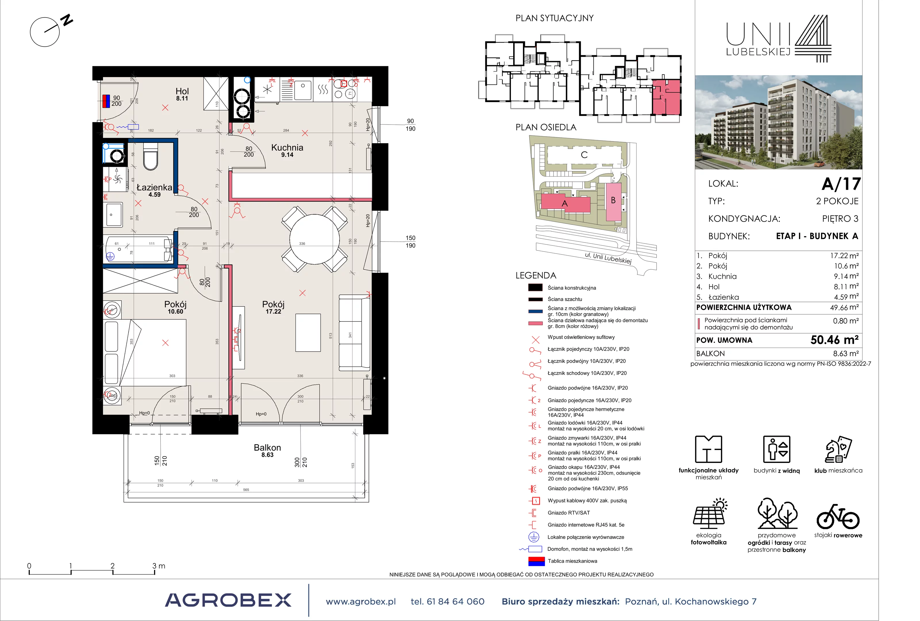 2 pokoje, mieszkanie 50,46 m², piętro 3, oferta nr A/17, Unii Lubelskiej 4, Poznań, Nowe Miasto, Starołęka, ul. Unii Lubelskiej 4