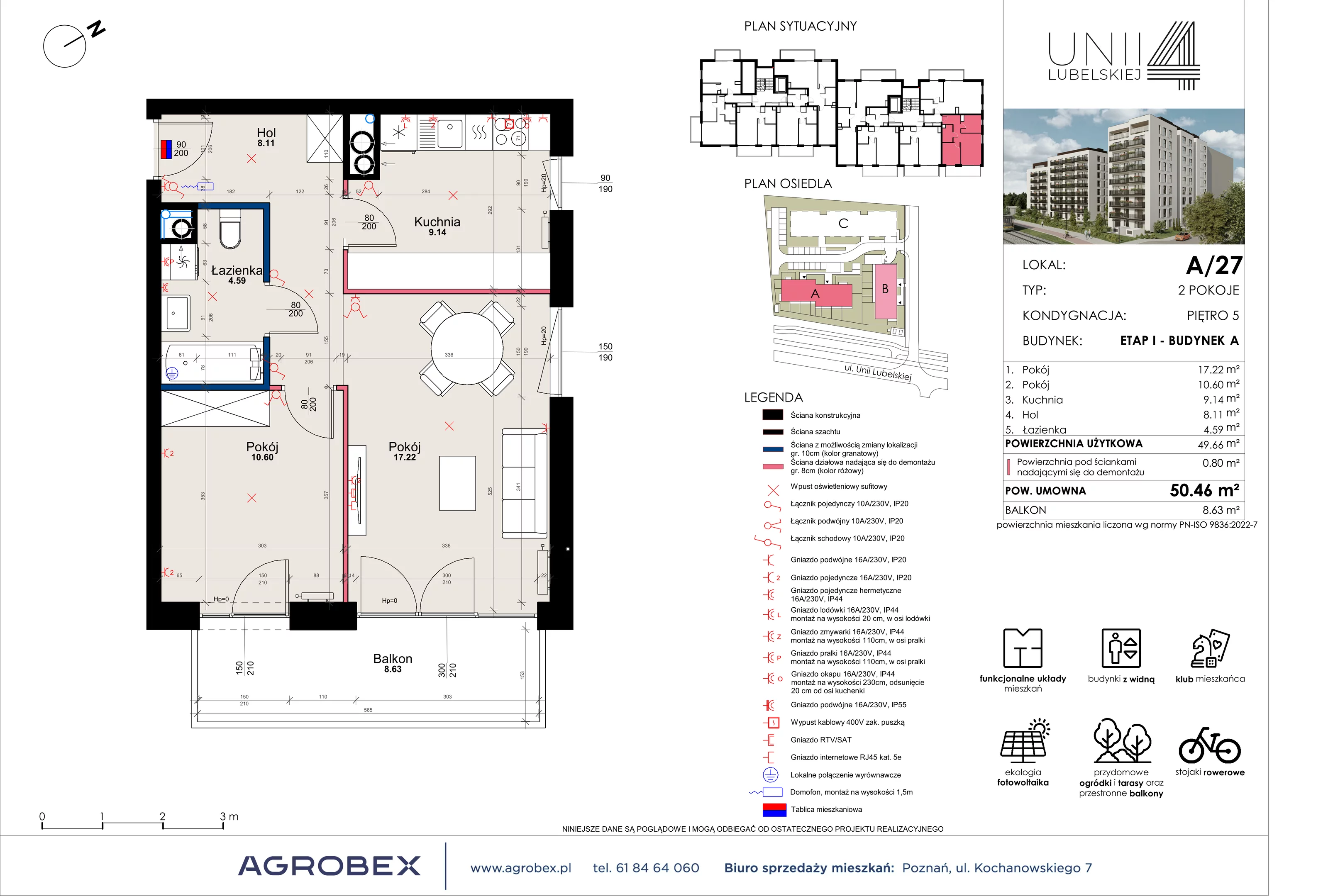 2 pokoje, mieszkanie 50,46 m², piętro 5, oferta nr A/27, Unii Lubelskiej 4, Poznań, Nowe Miasto, Starołęka, ul. Unii Lubelskiej 4