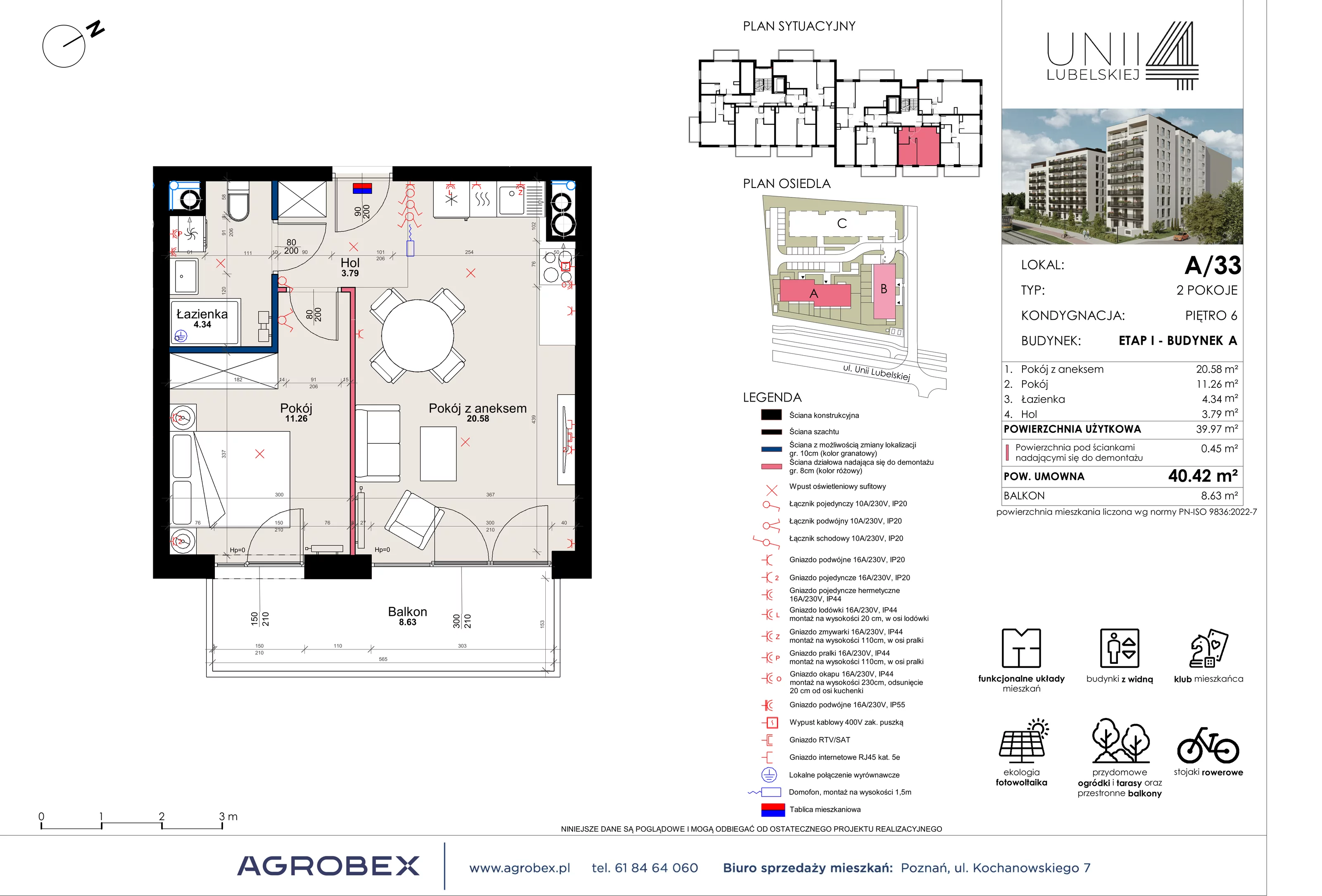 2 pokoje, mieszkanie 40,42 m², piętro 6, oferta nr A/33, Unii Lubelskiej 4, Poznań, Nowe Miasto, Starołęka, ul. Unii Lubelskiej 4
