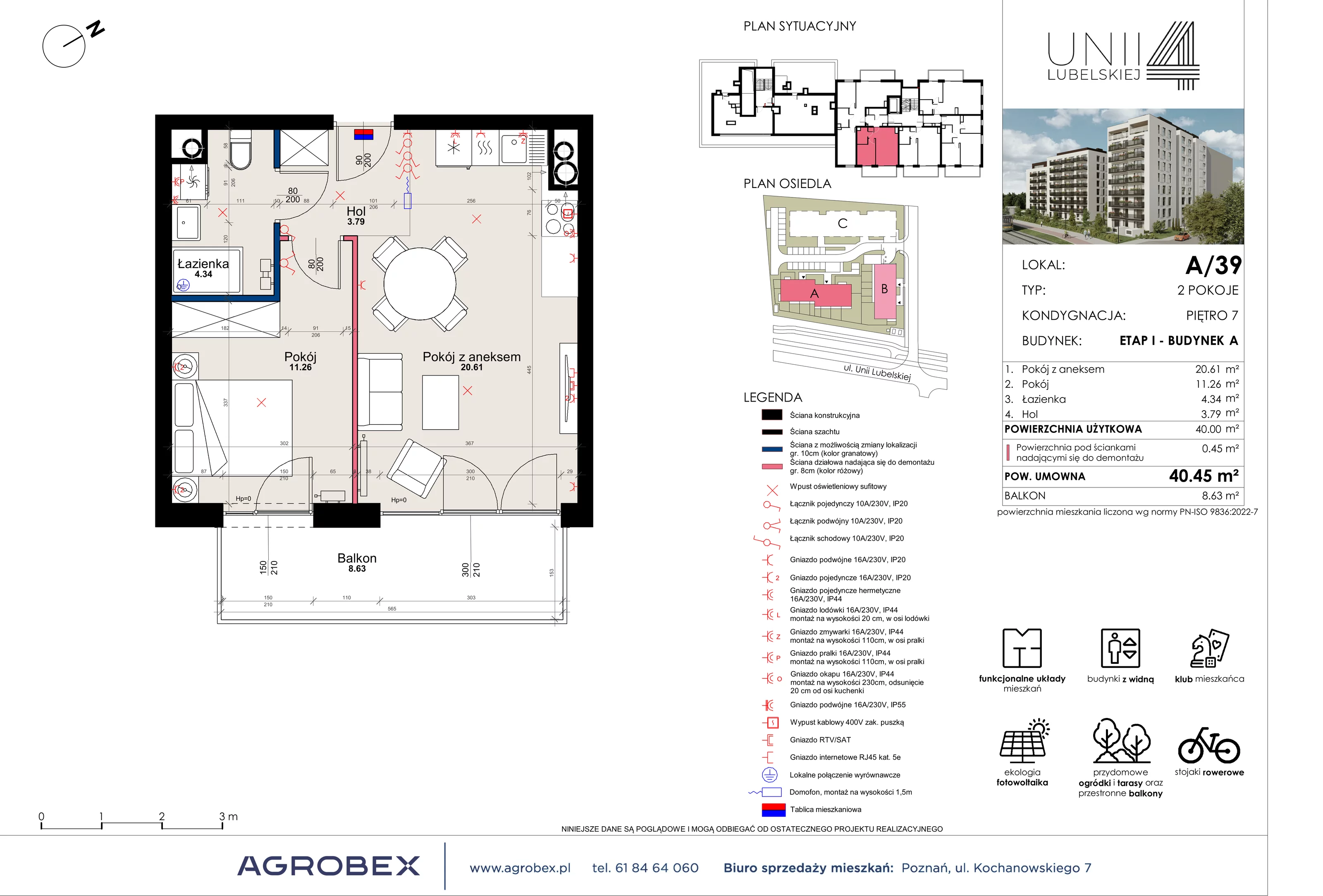 2 pokoje, mieszkanie 40,45 m², piętro 7, oferta nr A/39, Unii Lubelskiej 4, Poznań, Nowe Miasto, Starołęka, ul. Unii Lubelskiej 4