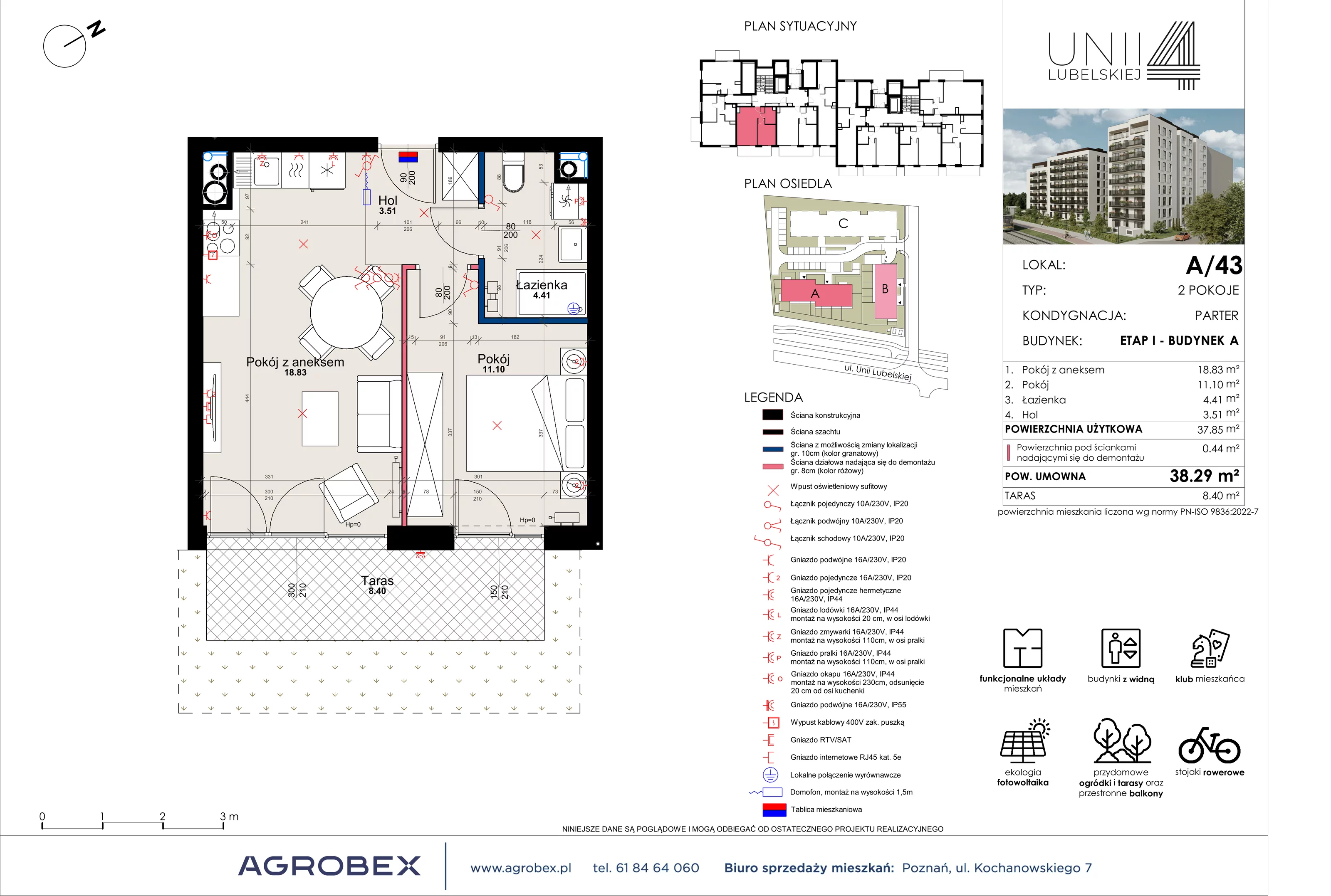 2 pokoje, mieszkanie 38,29 m², parter, oferta nr A/43, Unii Lubelskiej 4, Poznań, Nowe Miasto, Starołęka, ul. Unii Lubelskiej 4