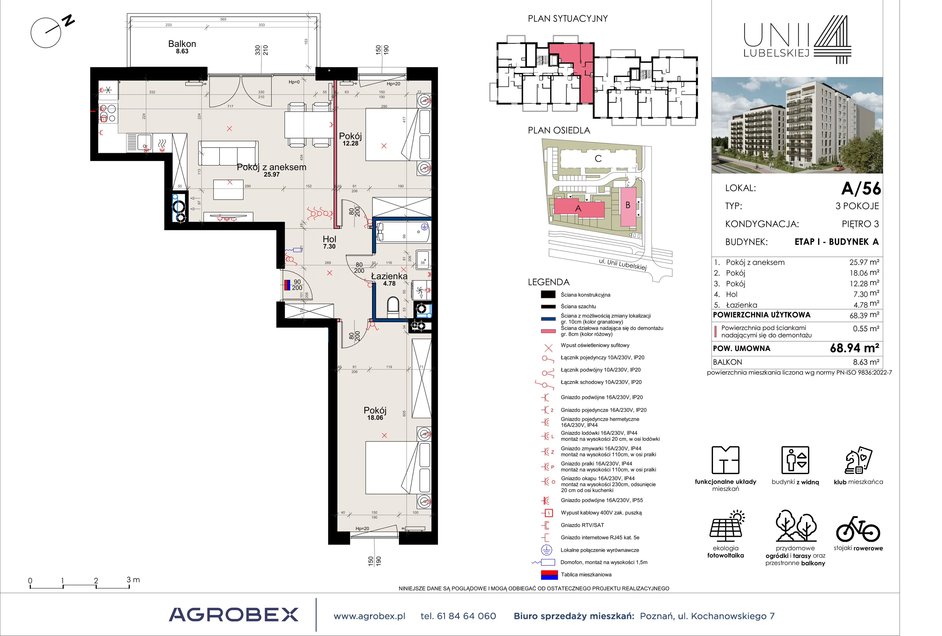 3 pokoje, mieszkanie 68,94 m², piętro 3, oferta nr A/56, Unii Lubelskiej 4, Poznań, Nowe Miasto, Starołęka, ul. Unii Lubelskiej 4
