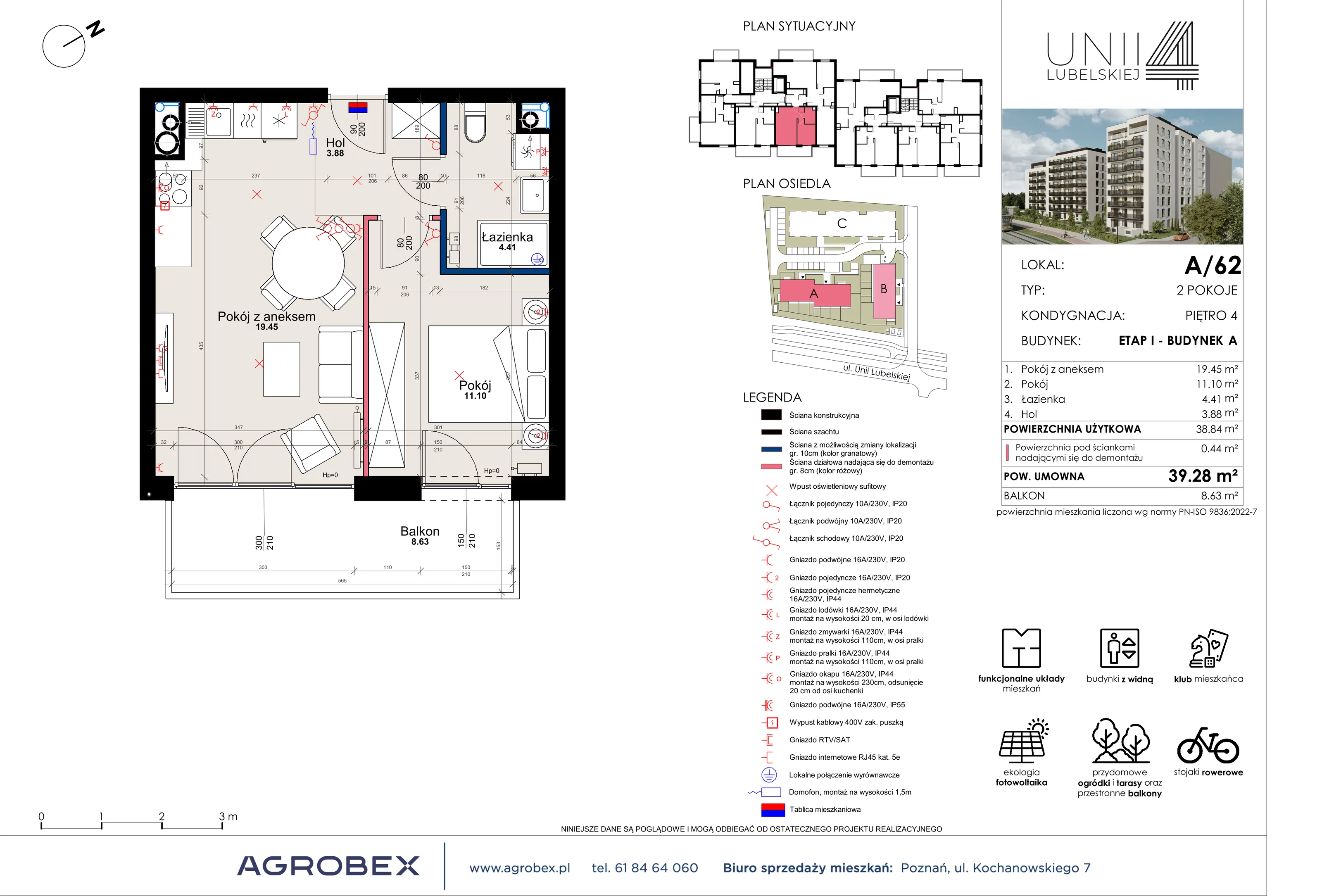 2 pokoje, mieszkanie 39,28 m², piętro 4, oferta nr A/62, Unii Lubelskiej 4, Poznań, Nowe Miasto, Starołęka, ul. Unii Lubelskiej 4