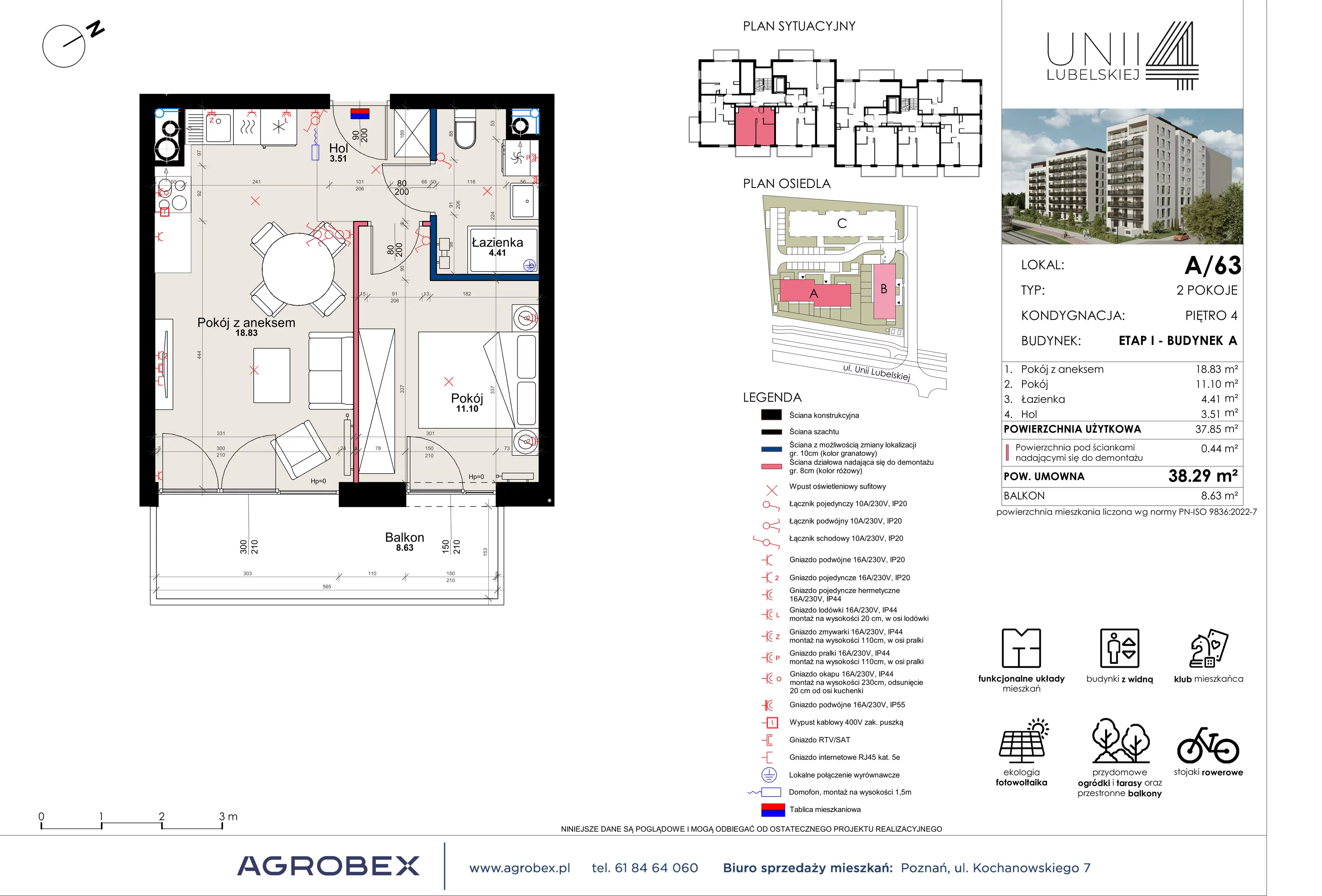2 pokoje, mieszkanie 38,29 m², piętro 4, oferta nr A/63, Unii Lubelskiej 4, Poznań, Nowe Miasto, Starołęka, ul. Unii Lubelskiej 4
