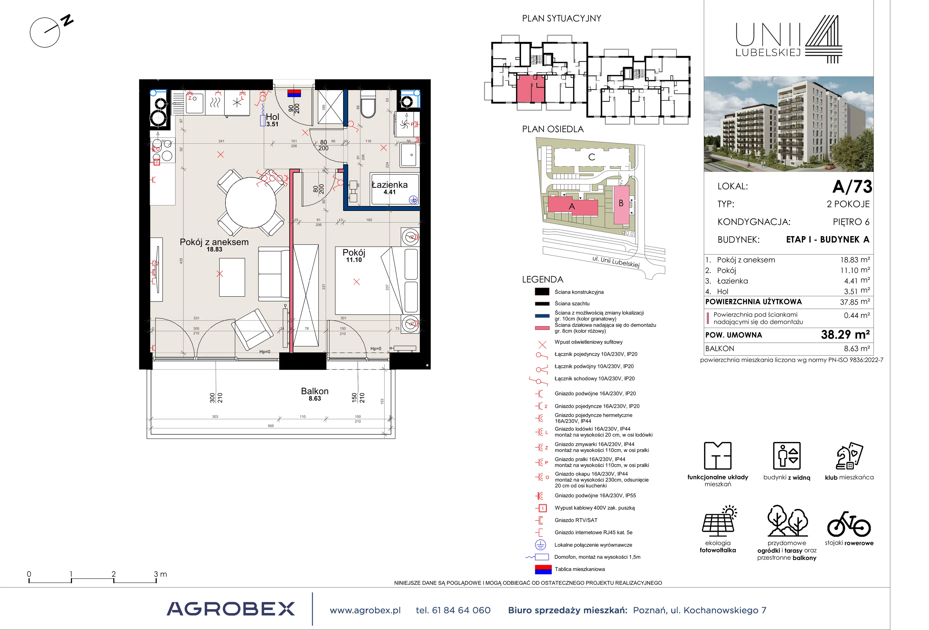 2 pokoje, mieszkanie 38,29 m², piętro 6, oferta nr A/73, Unii Lubelskiej 4, Poznań, Nowe Miasto, Starołęka, ul. Unii Lubelskiej 4