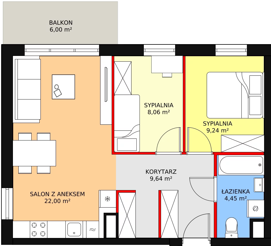 3 pokoje, mieszkanie 54,52 m², piętro 1, oferta nr C.1.02, Osiedle Moderno, Środa Wielkopolska, ul. Topolska