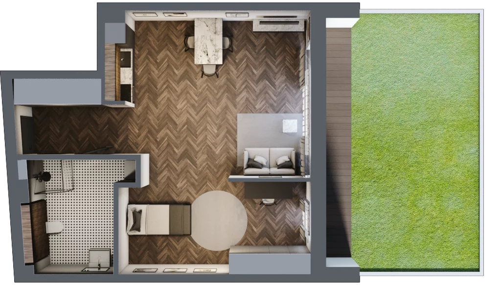2 pokoje, apartament 58,88 m², parter, oferta nr M02, Apartamenty Orkana, Warszawa, Mokotów, Ksawerów, ul. Orkana 12