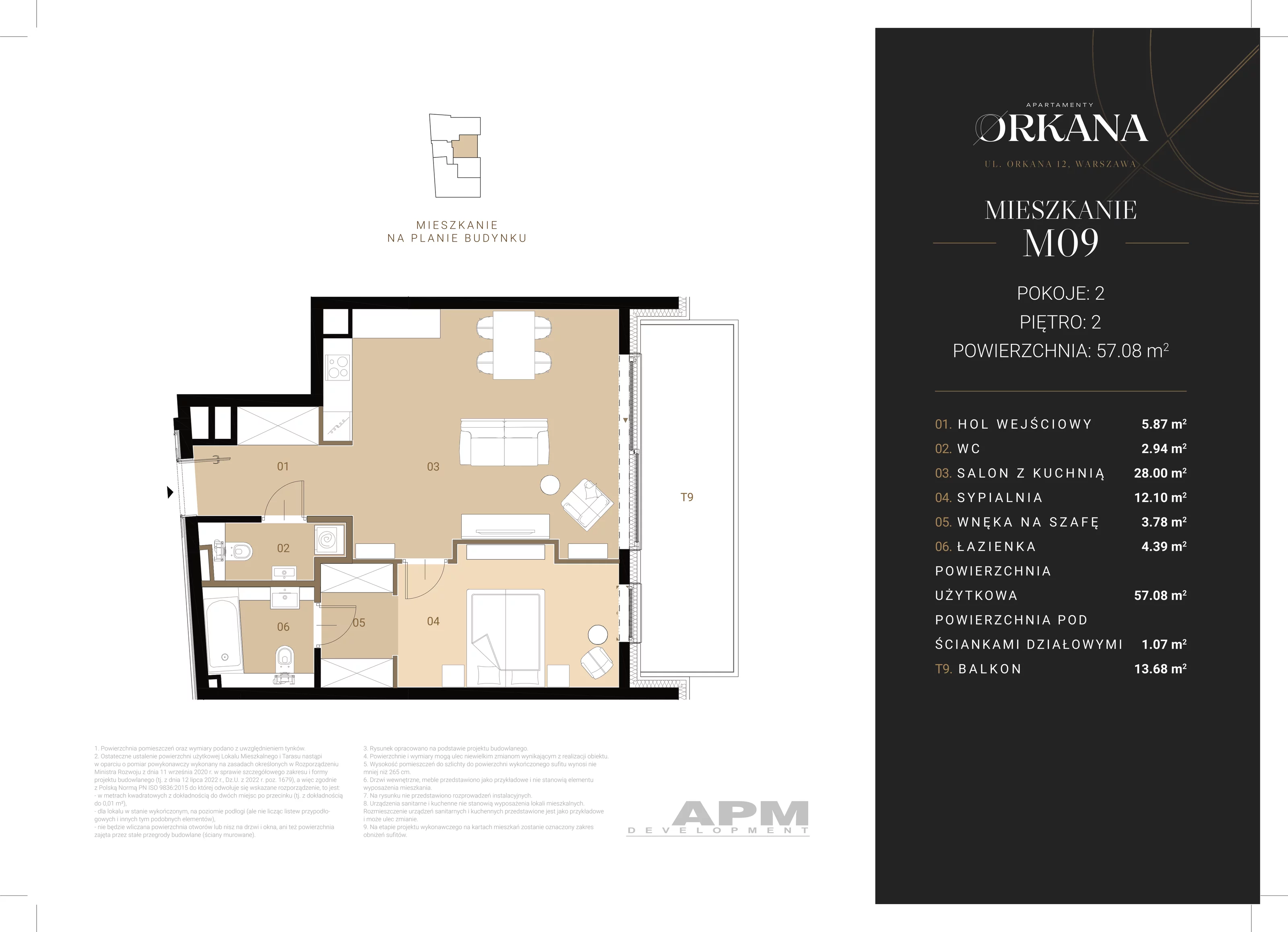 2 pokoje, apartament 57,08 m², piętro 2, oferta nr M09, Apartamenty Orkana, Warszawa, Mokotów, Wierzbno, ul. Orkana 12