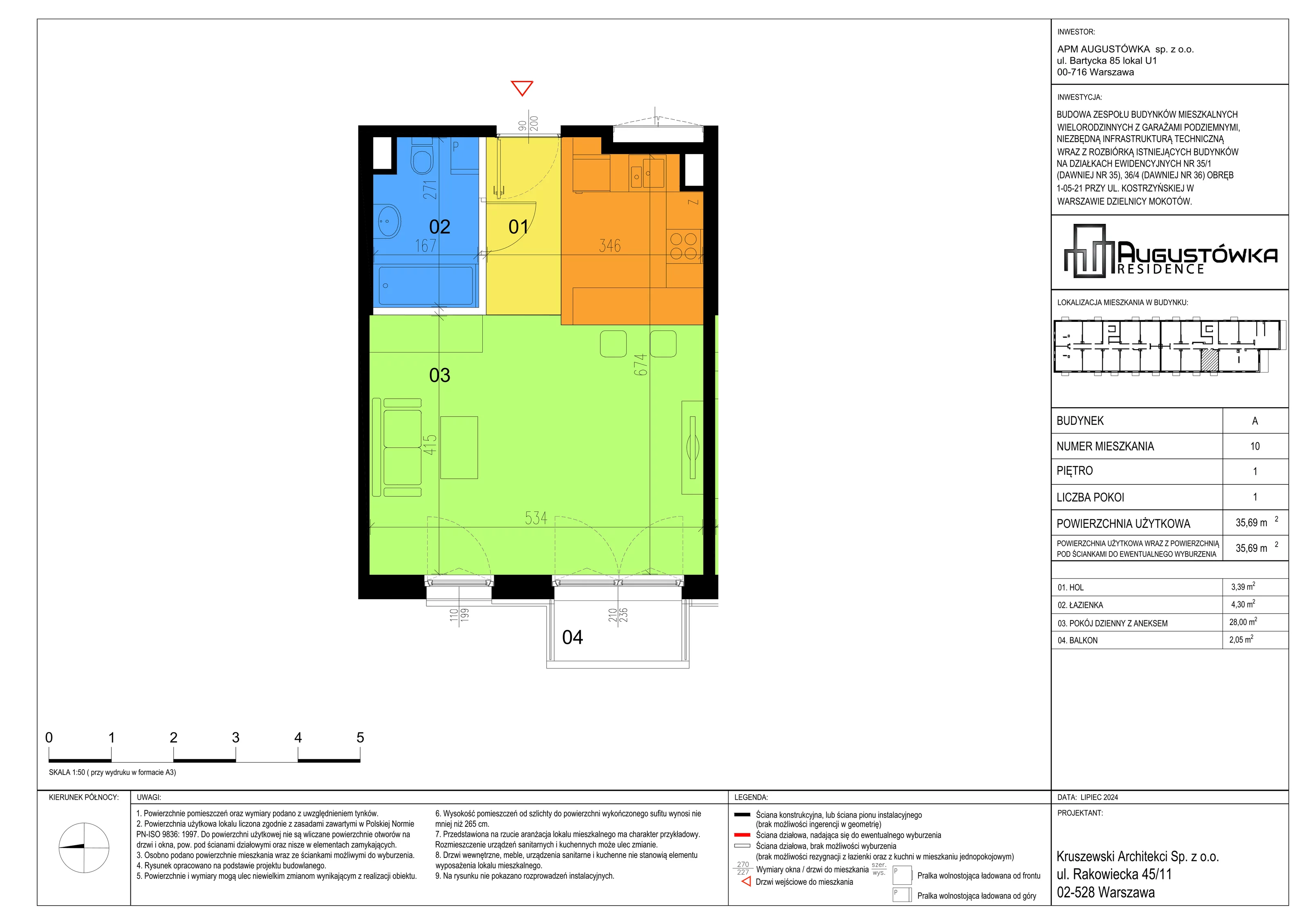 1 pokój, mieszkanie 35,69 m², piętro 1, oferta nr A10, Augustówka Residence, Warszawa, Mokotów, Augustówka, ul. Kostrzyńska 18