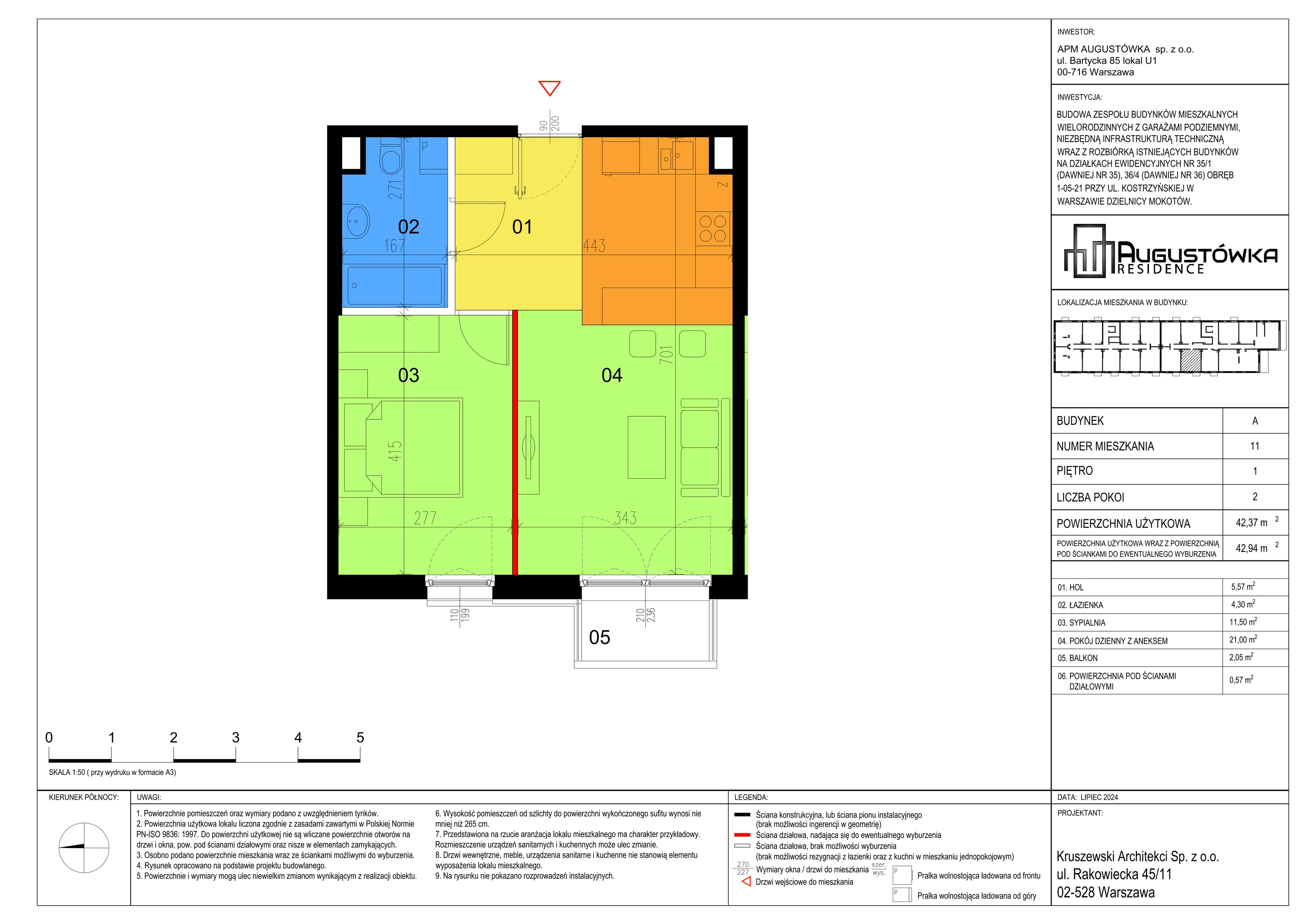 2 pokoje, mieszkanie 42,37 m², piętro 1, oferta nr A11, Augustówka Residence, Warszawa, Mokotów, Augustówka, ul. Kostrzyńska 18