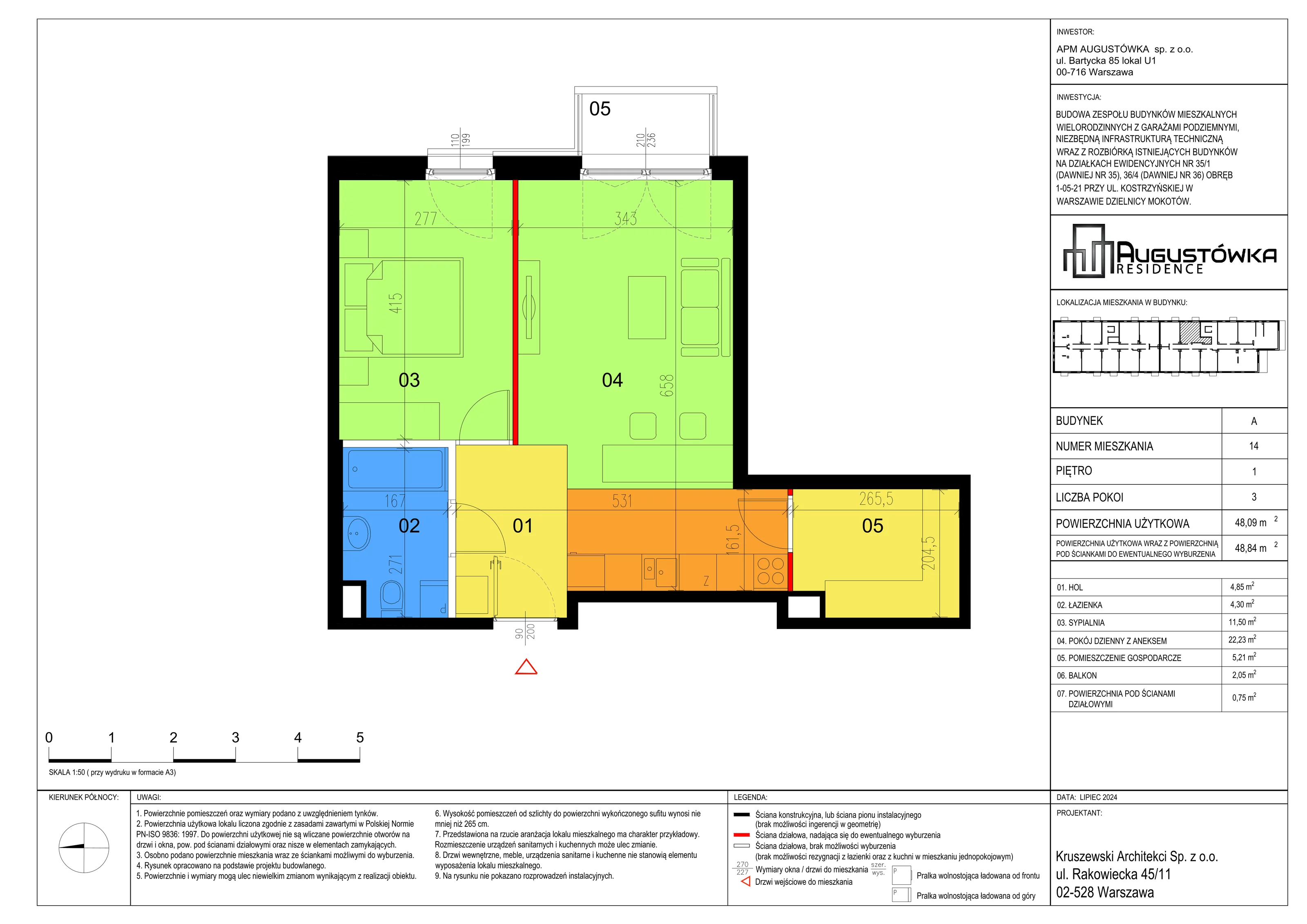 3 pokoje, mieszkanie 48,09 m², piętro 1, oferta nr A14, Augustówka Residence, Warszawa, Mokotów, Augustówka, ul. Kostrzyńska 18