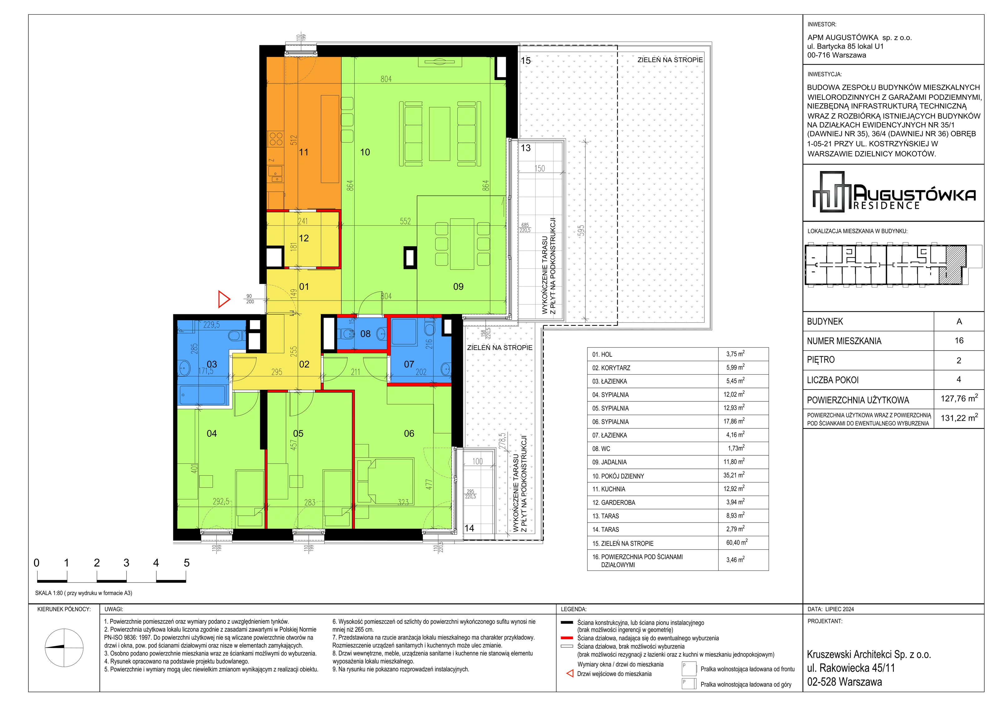 4 pokoje, mieszkanie 127,76 m², piętro 2, oferta nr A16, Augustówka Residence, Warszawa, Mokotów, Augustówka, ul. Kostrzyńska 18