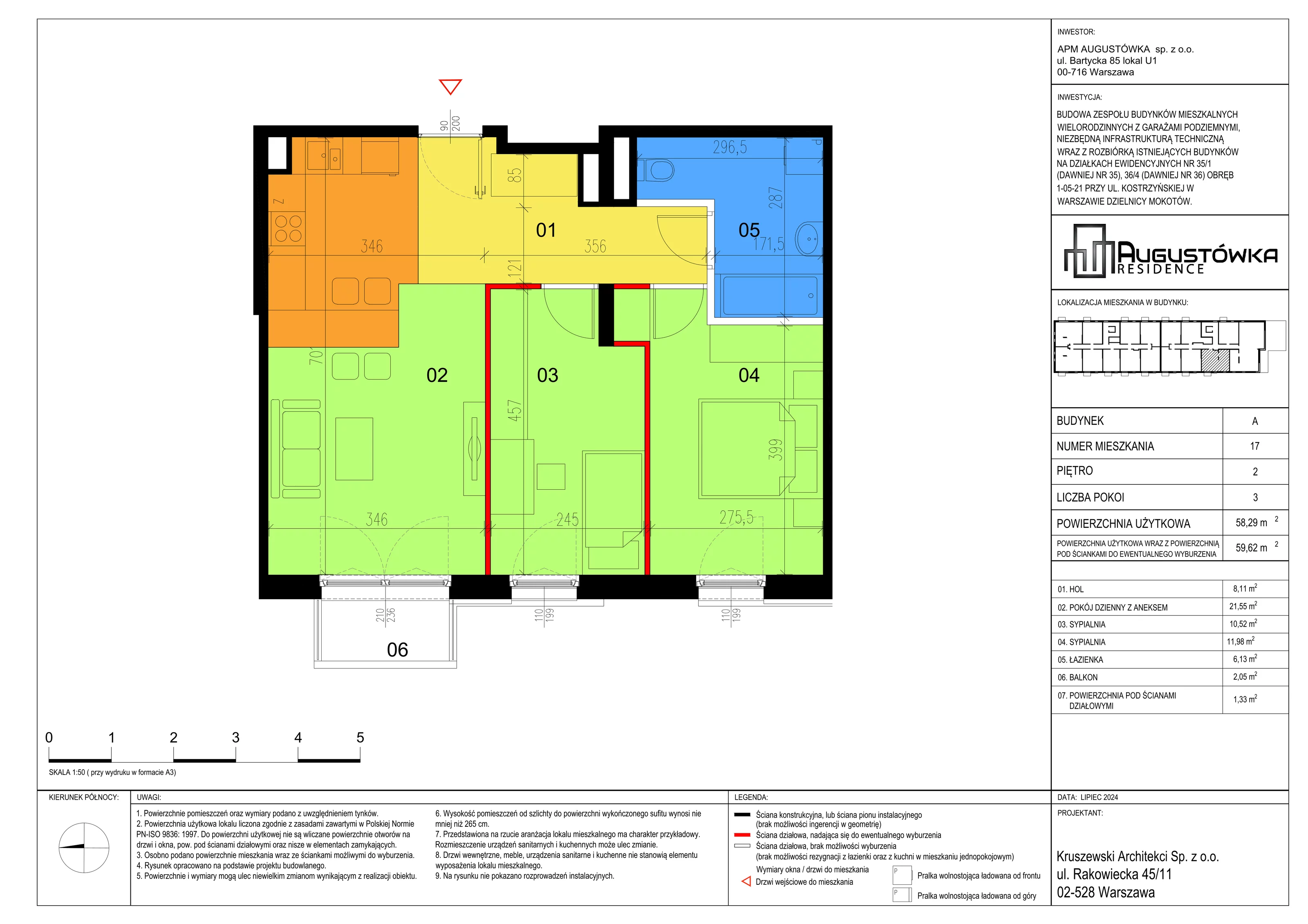 3 pokoje, mieszkanie 58,29 m², piętro 2, oferta nr A17, Augustówka Residence, Warszawa, Mokotów, Augustówka, ul. Kostrzyńska 18