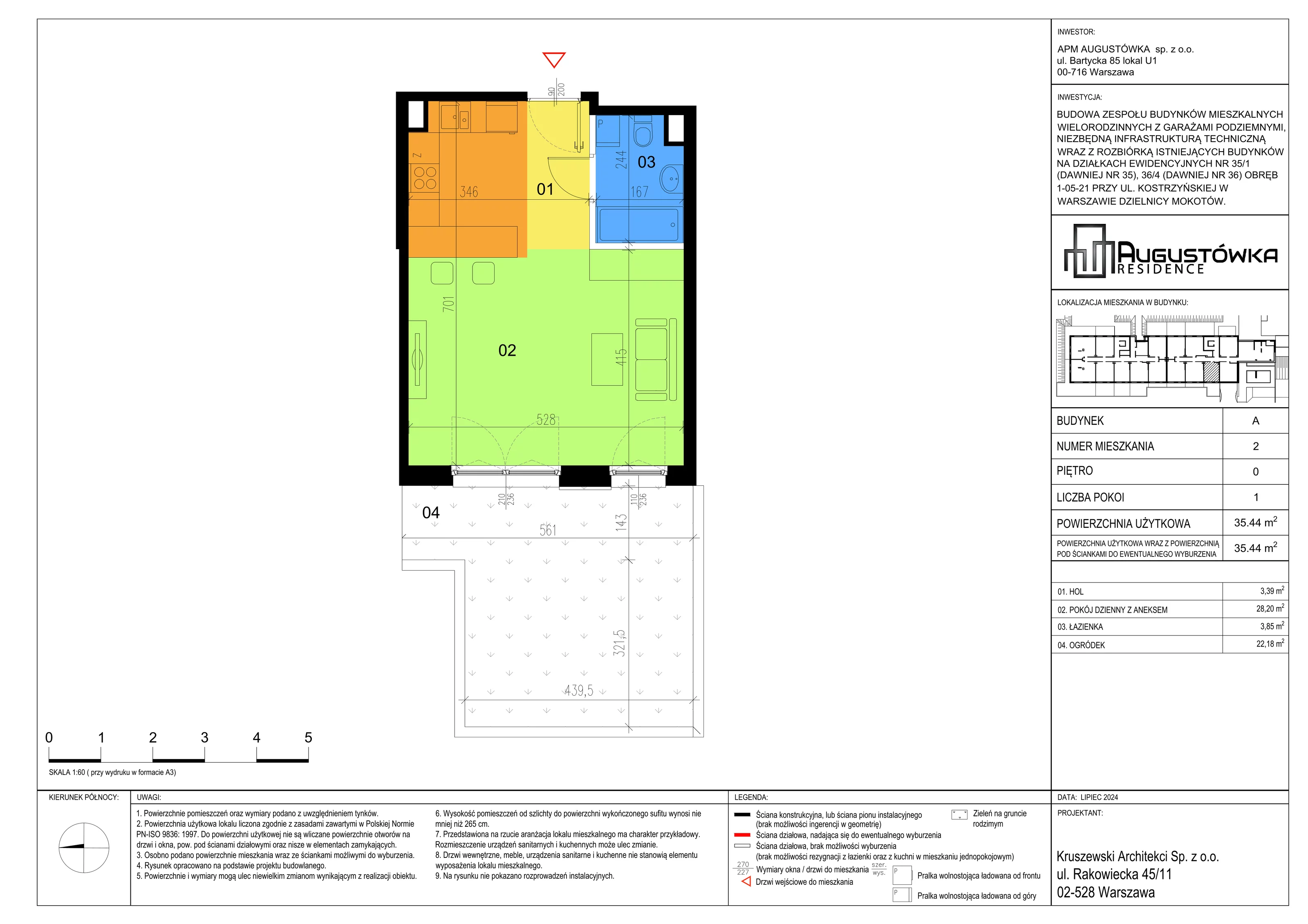 1 pokój, apartament 35,44 m², parter, oferta nr A2, Augustówka Residence, Warszawa, Mokotów, Augustówka, ul. Kostrzyńska 18